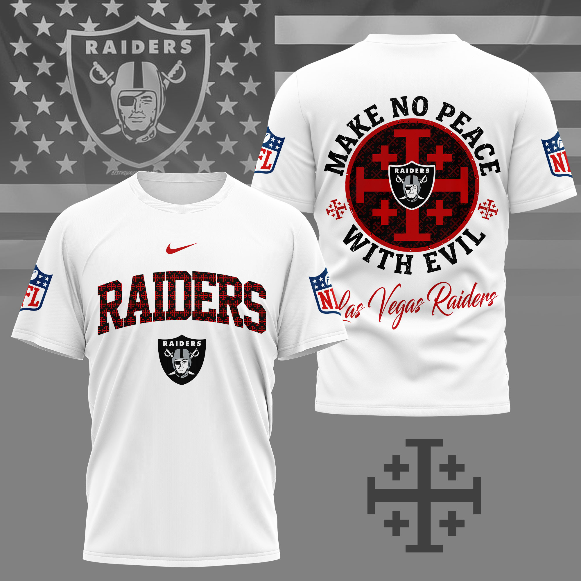 Las Vegas Raiders | Premium NFL Make No Peace With Evil Jerusalem Cross 3D Shirt NY