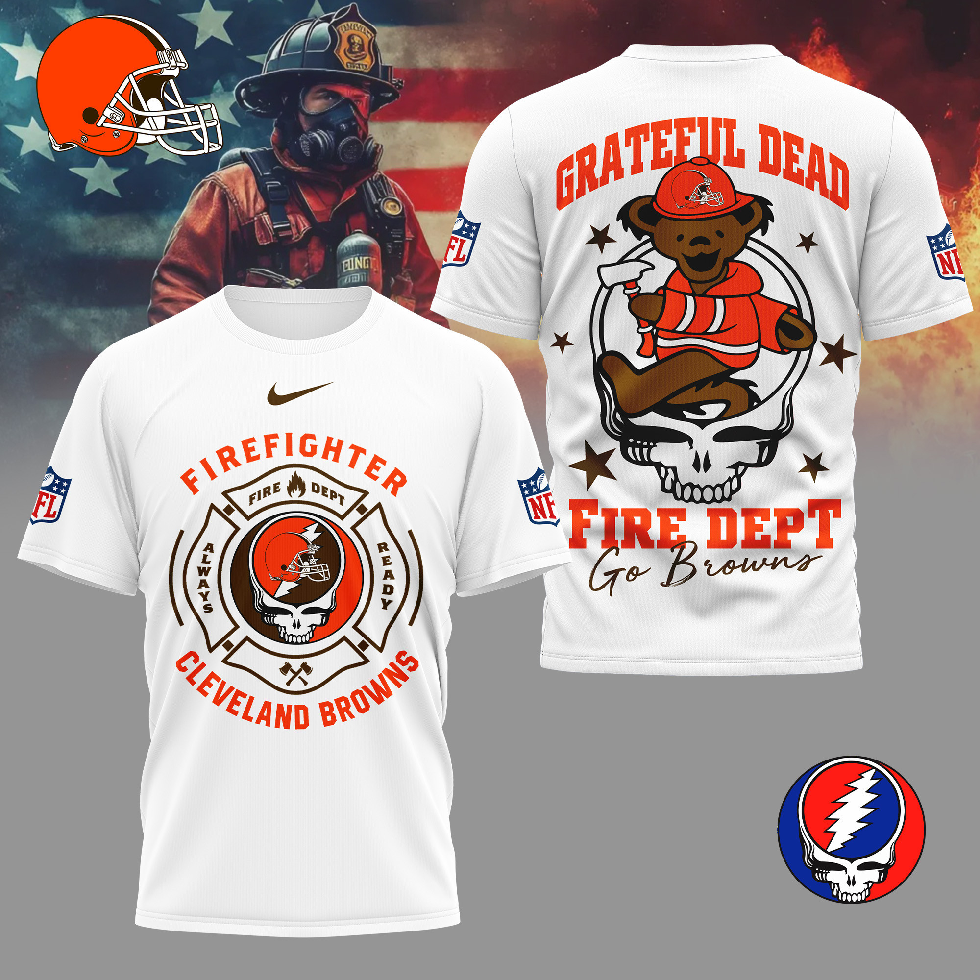 Cleveland Browns | Premium NFL Grateful Dead Firefighter 3D Shirt NY