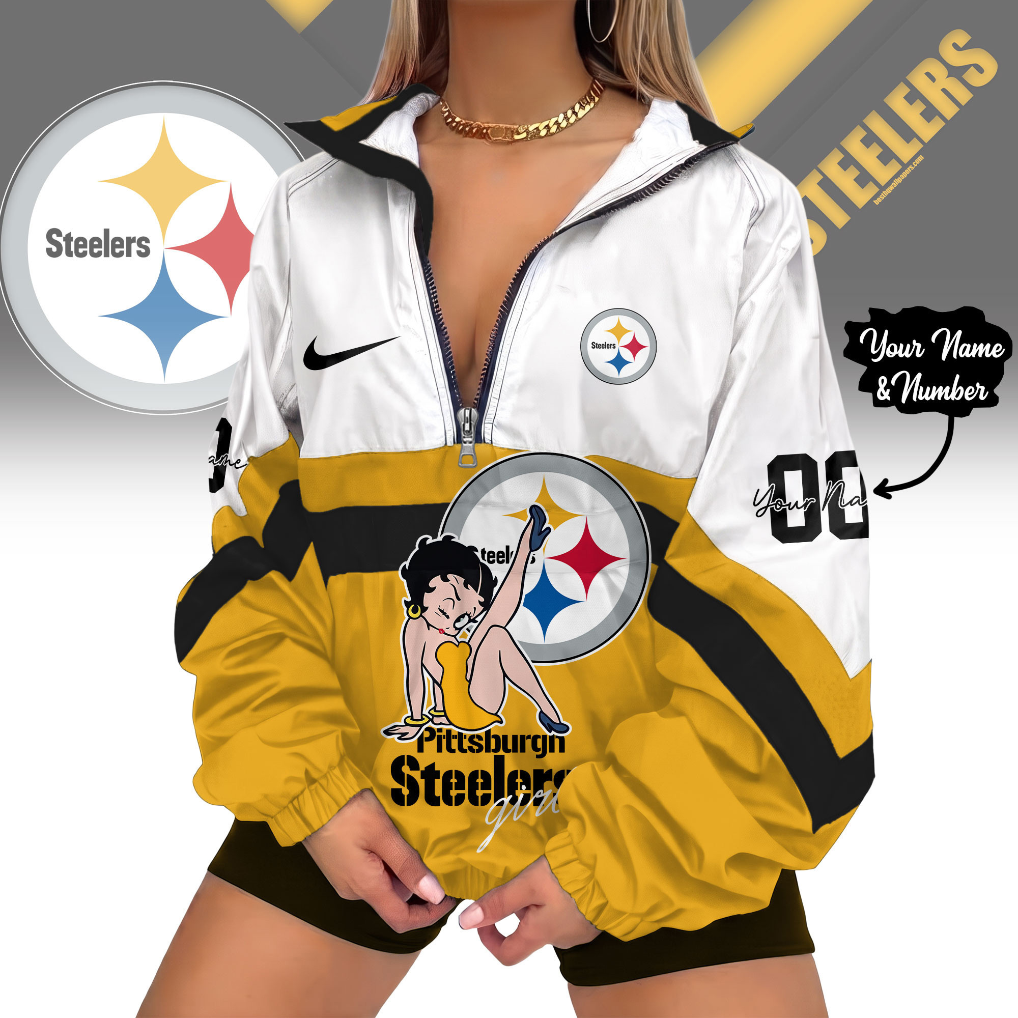 Pittsburgh Steelers | Premium NFL Custom Game Day Girl Windbreaker V-Neck Zipper Sweatshirt Jackets NTH1