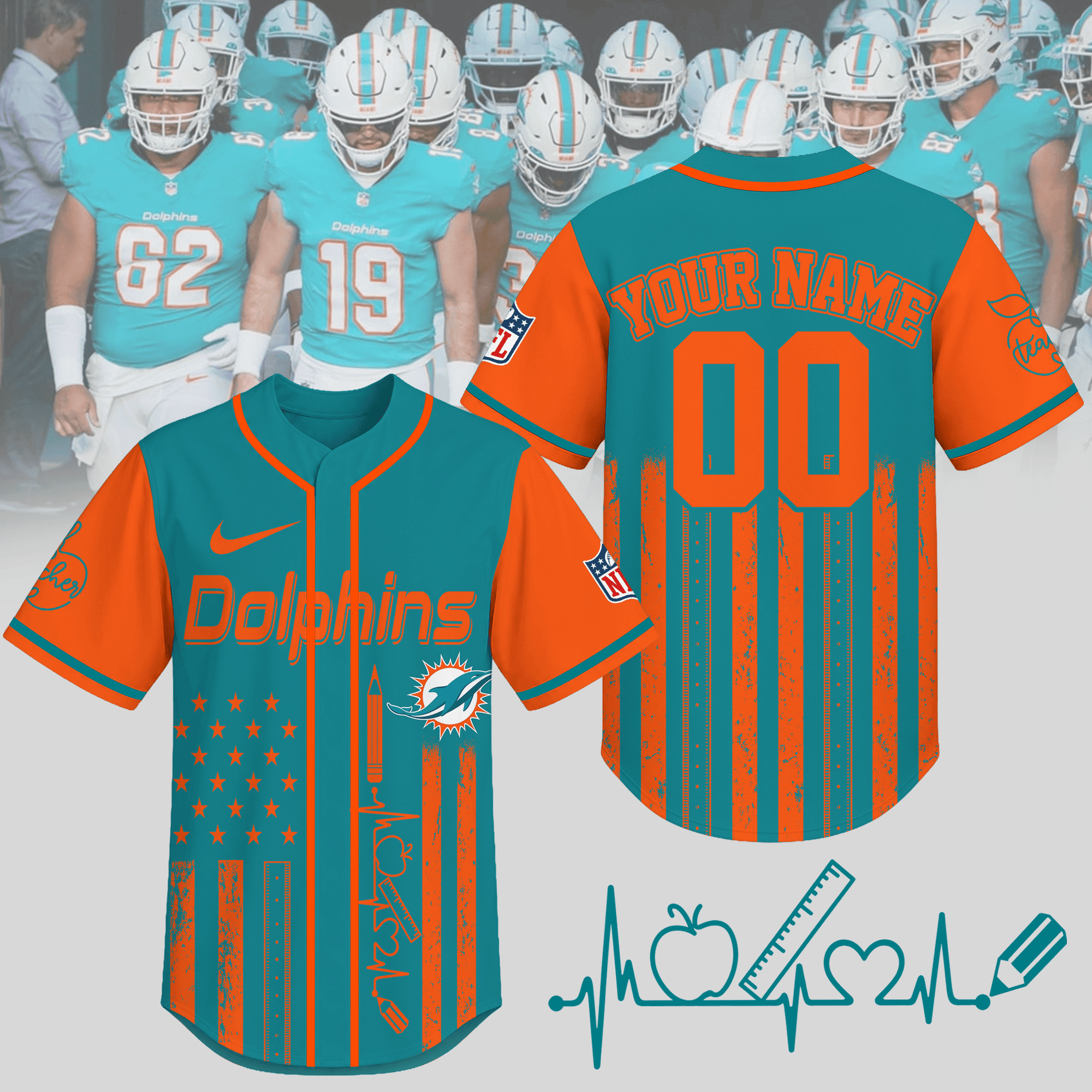 Miami Dolphins | Premium NFL Personalized Teacher Heartbeat Jersey NTH1