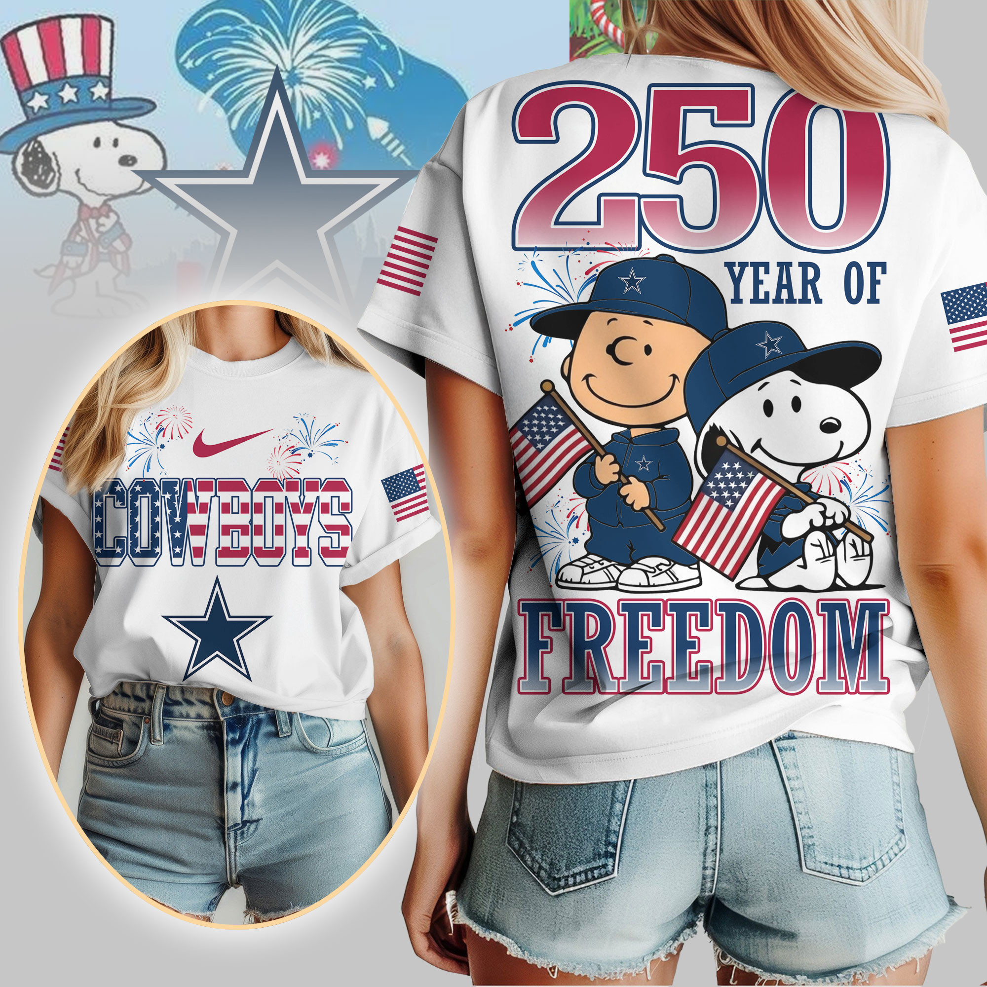 Dallas Cowboys | Premium NFL Peanuts 250 Years Of Freedom 3D Shirt NP