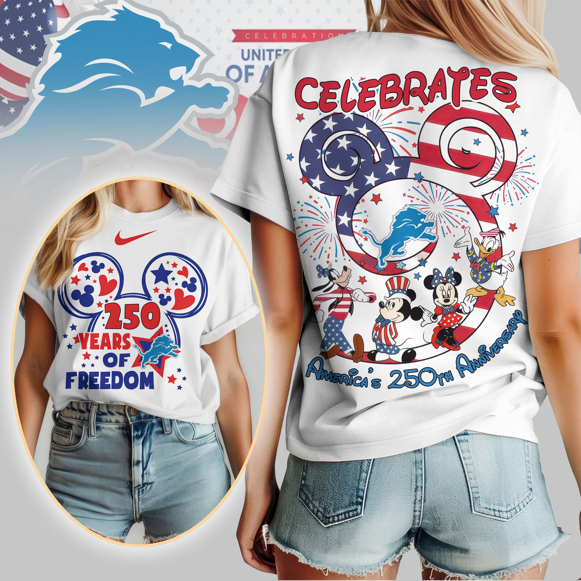 Detroit Lions | Premium NFL Mickey Celebrates America 250th Anniversary Women Shirt TD