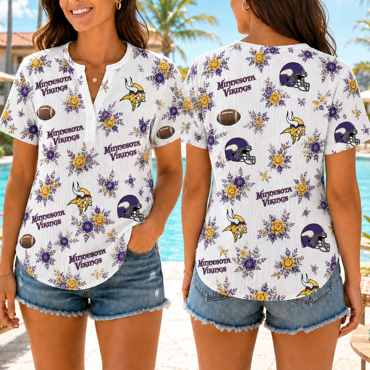 Minnesota Vikings | Premium NFL Floral Football Women’s Summer Linen Shirt TD