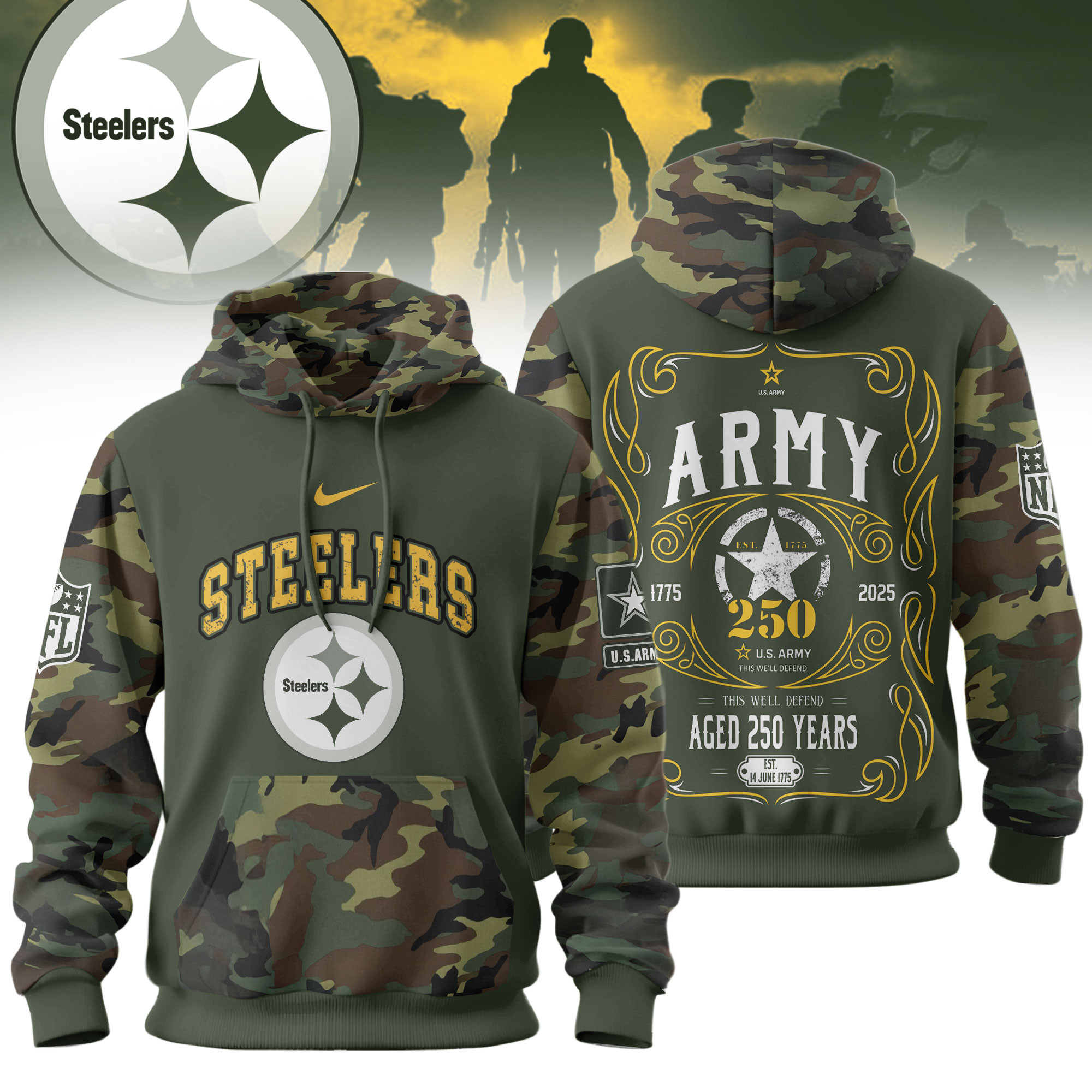 Pittsburgh Steelers | Premium NFL US Army 250th anniversary 3D Hoodie TD