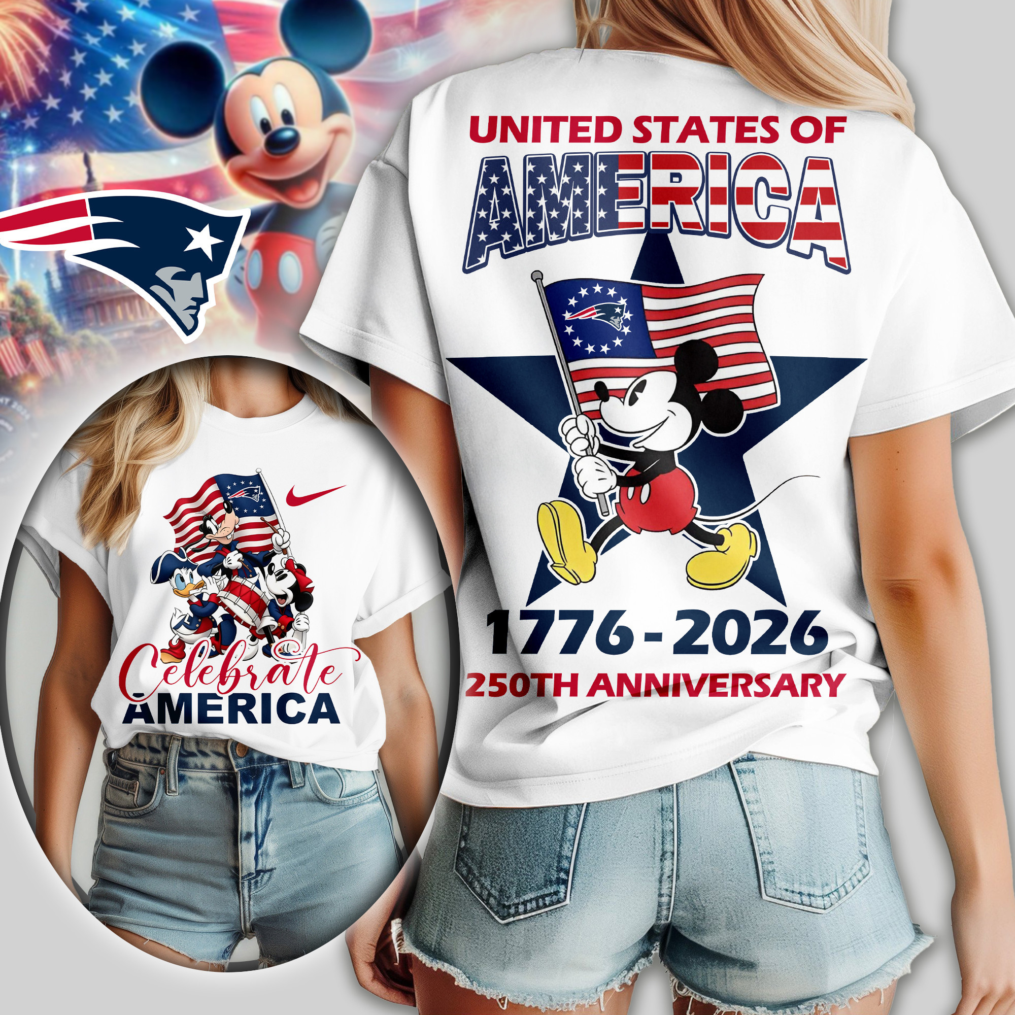 New England Patriots | Premium NFL Mickey Celebrate America Women Shirt TD