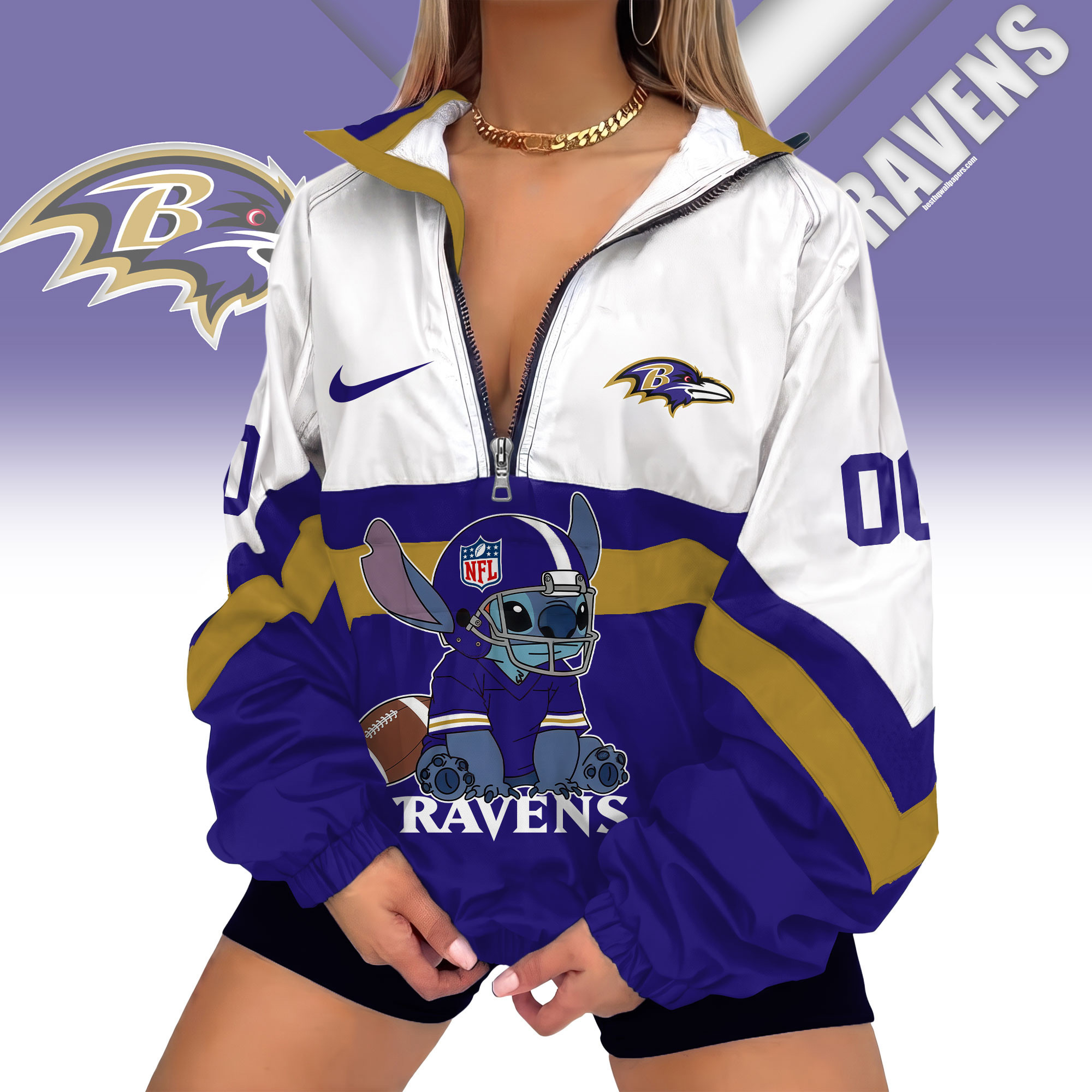 Baltimore Ravens | Premium NFL Cute Team Windbreaker V-Neck Zipper Sweatshirt Jackets NTH1