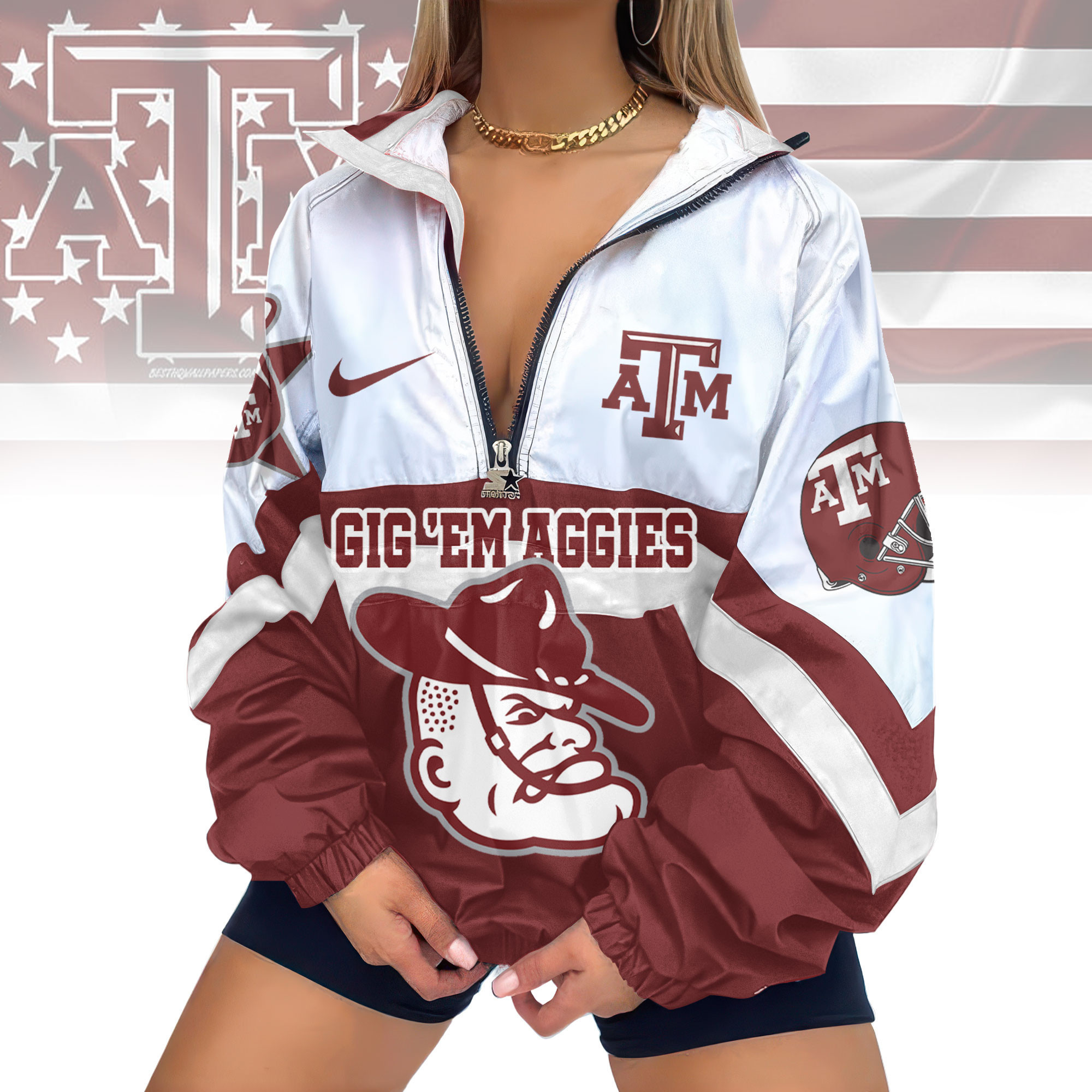 Texas A&M Aggies | Premium Women's Printed V-Neck Zipper Sweatshirt Jackets TD