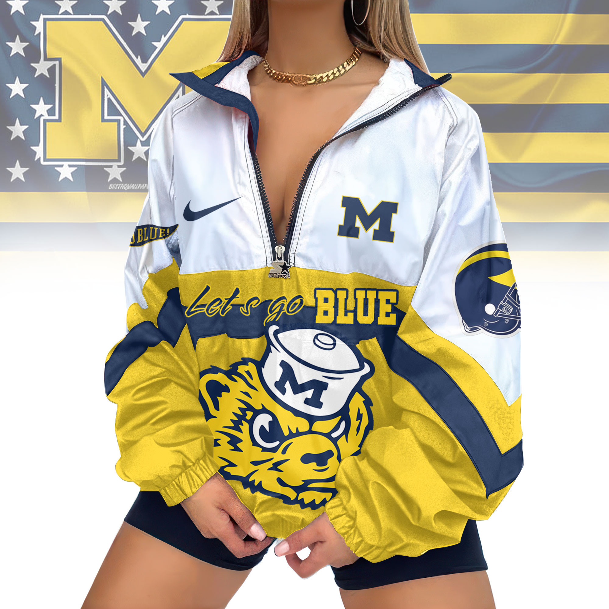 Michigan Wolverines | Premium Women's Printed V-Neck Zipper Sweatshirt Jackets TD