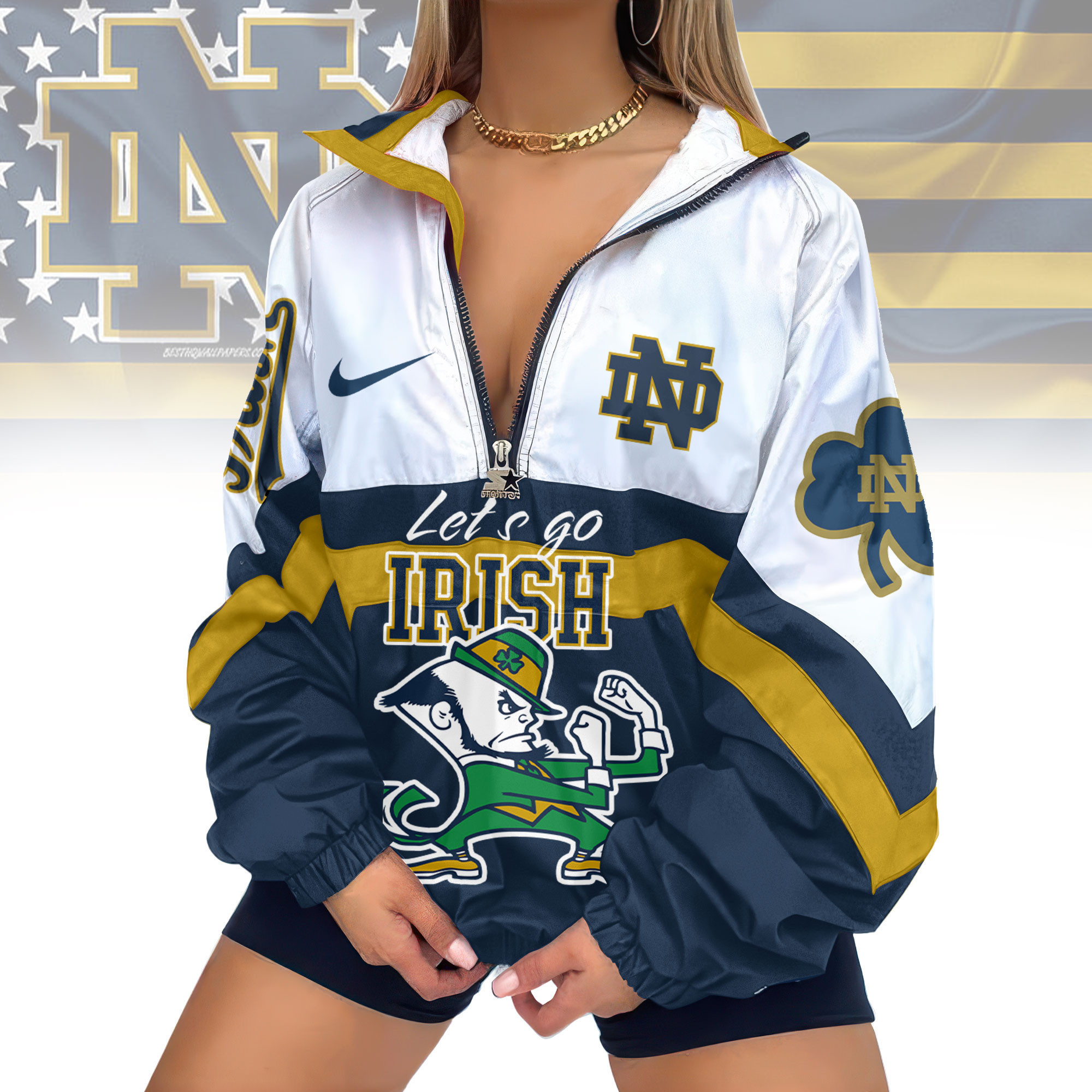 Notre Dame Fighting Irish | Premium Women's Printed V-Neck Zipper Sweatshirt Jackets TD