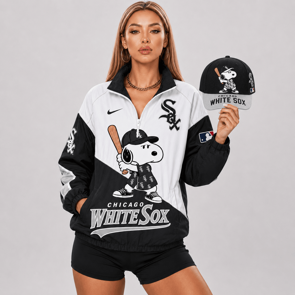 Chicago White Sox | Premium MLB Snoopy Clubhouse Swing V-neck Jacket And Cap Set