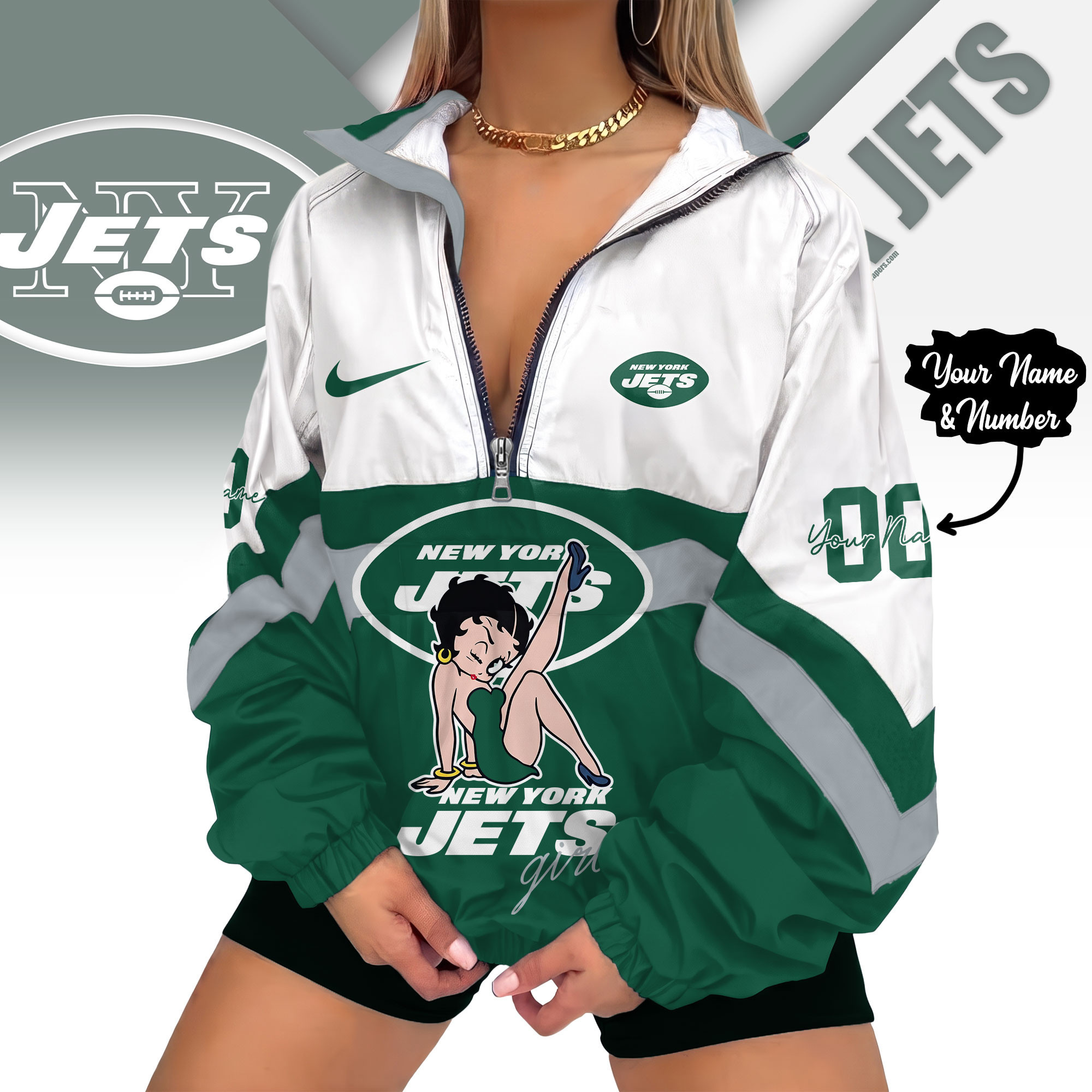 New York Jets | Premium NFL Custom Game Day Girl Windbreaker V-Neck Zipper Sweatshirt Jackets NTH1