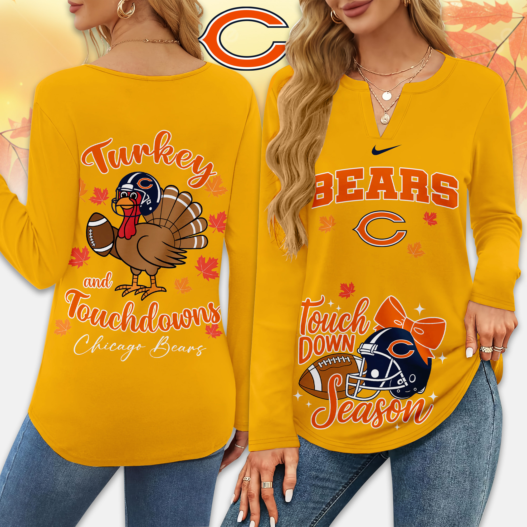 Chicago Bears | Premium NFL Turkey and Touchdowns V-neck Long Sleeve Shirt TD