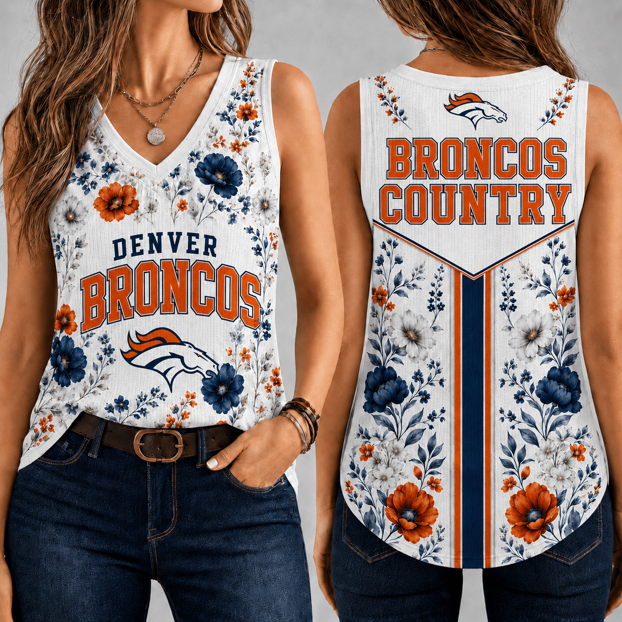 Denver Broncos | Premium NFL Floral Vintage Game Day Women’s V-Neck Tank Top TD