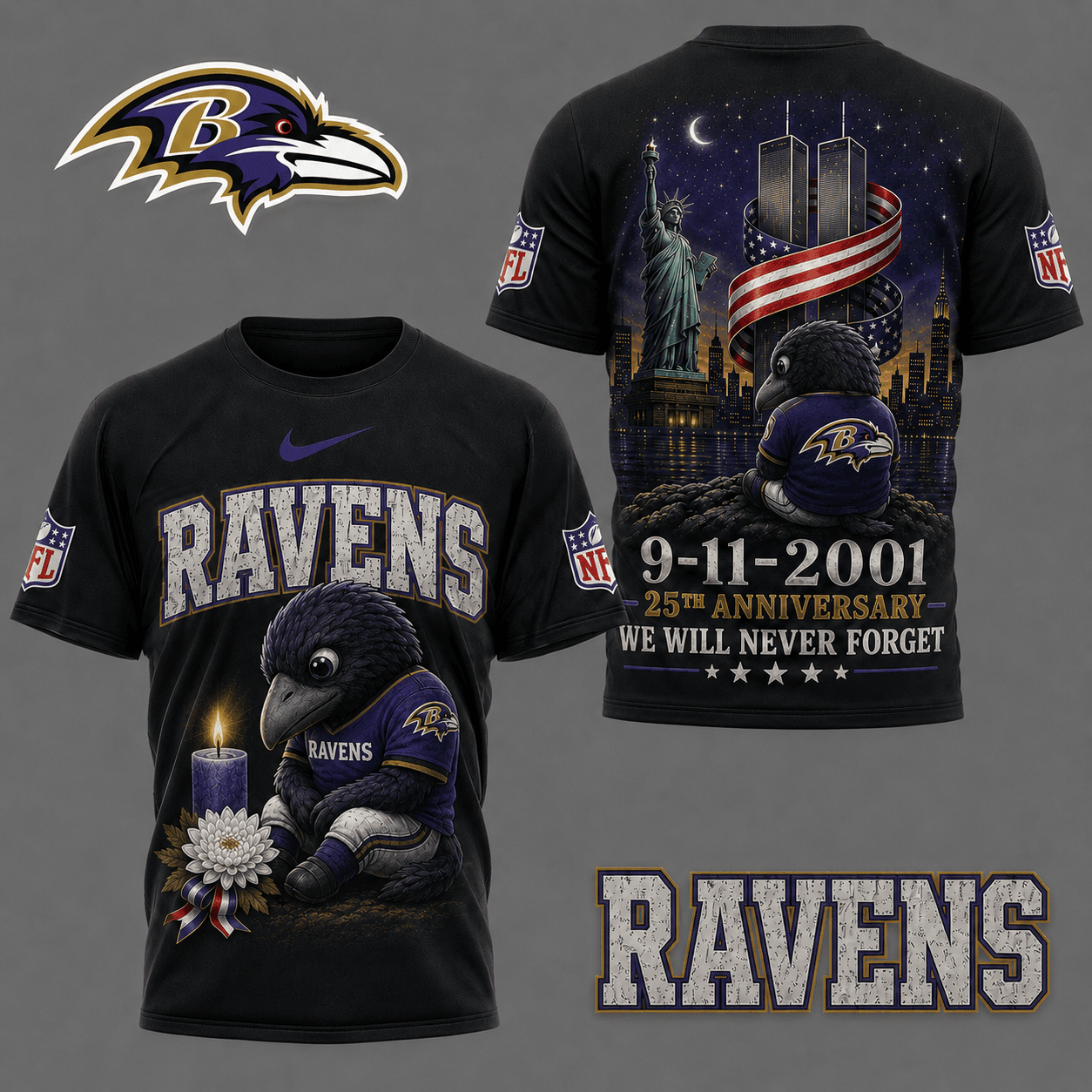 Baltimore Ravens| Premium NFL 9/11 25th Anniversary Never Forget Memorial 3D Shirt NY