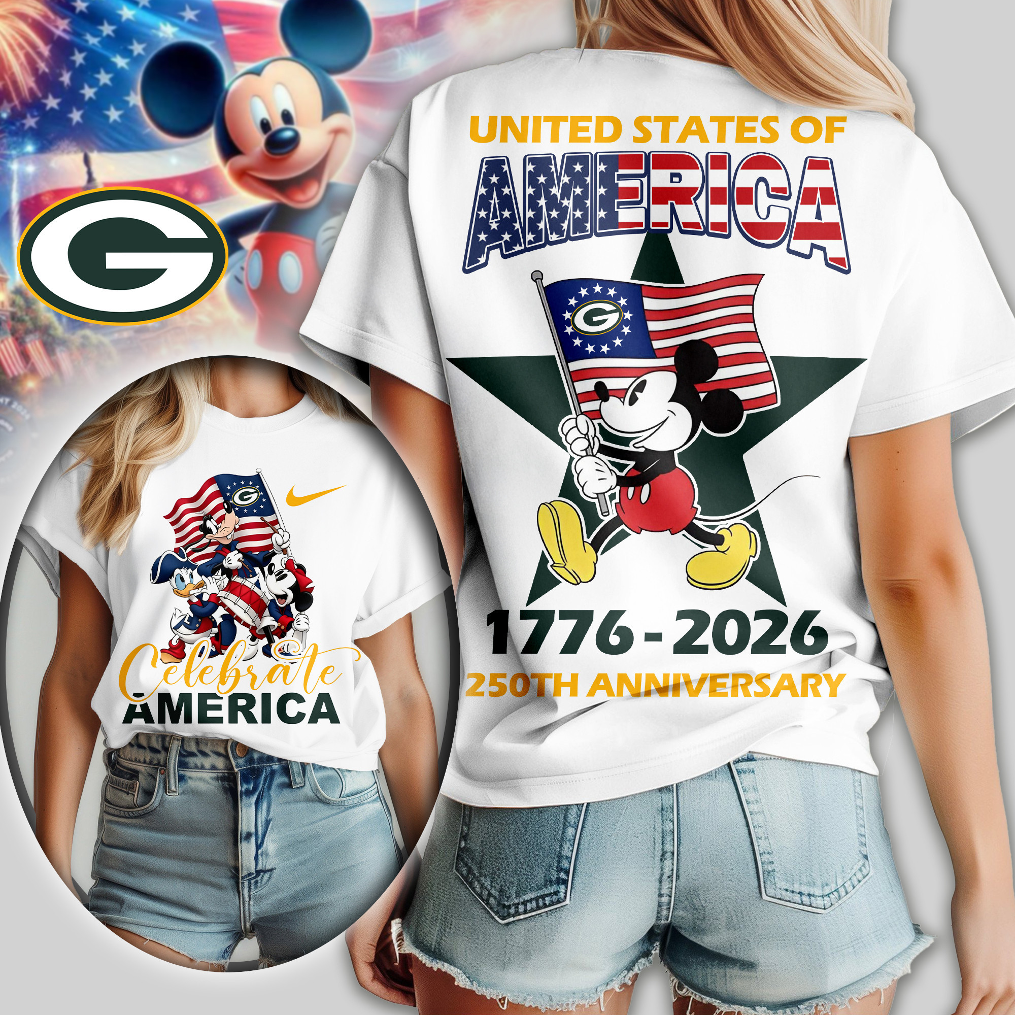 Green Bay Packers | Premium NFL Mickey Celebrate America Women Shirt TD