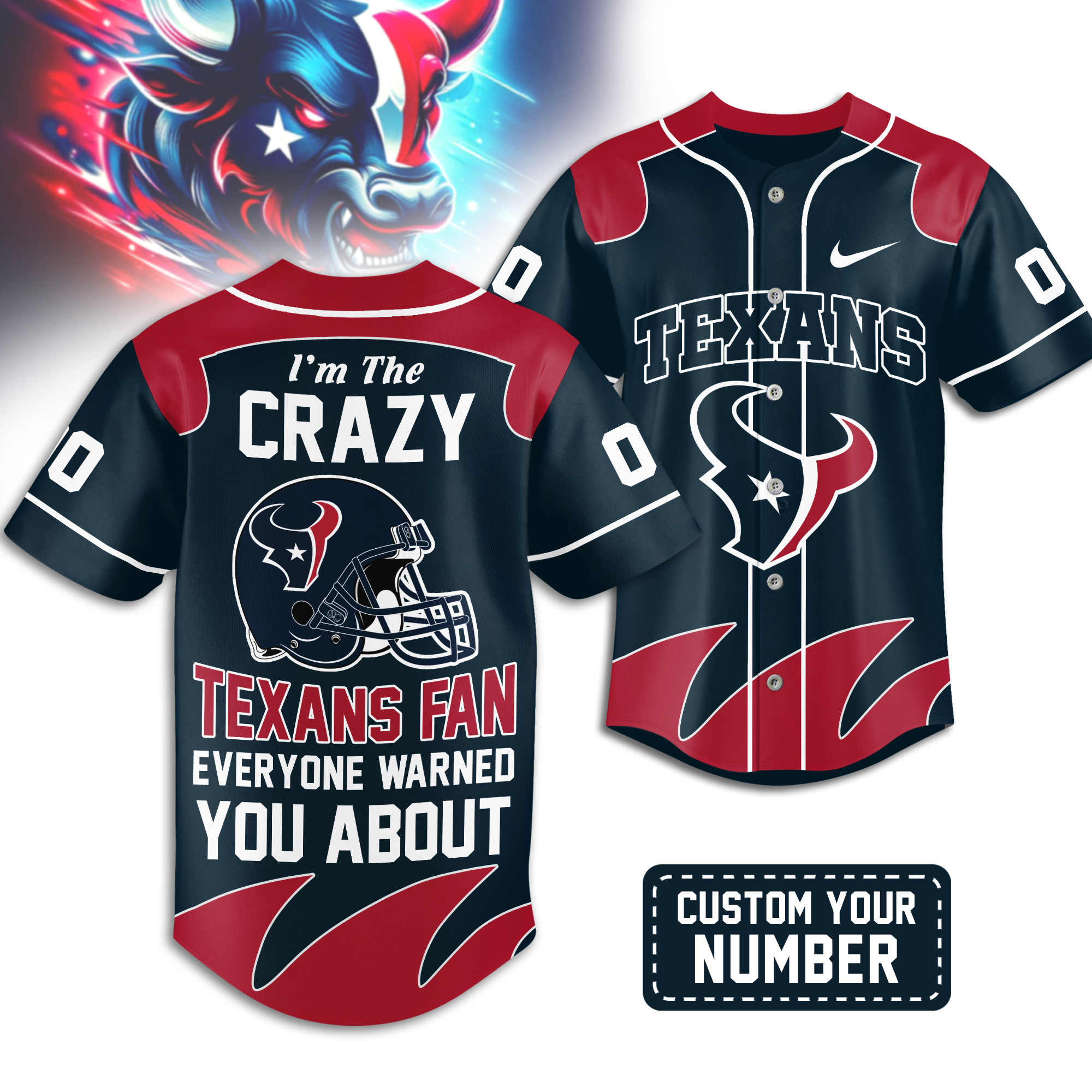 Houston Texans | Premium NFL Crazy Football Fan Personalized Jersey TD