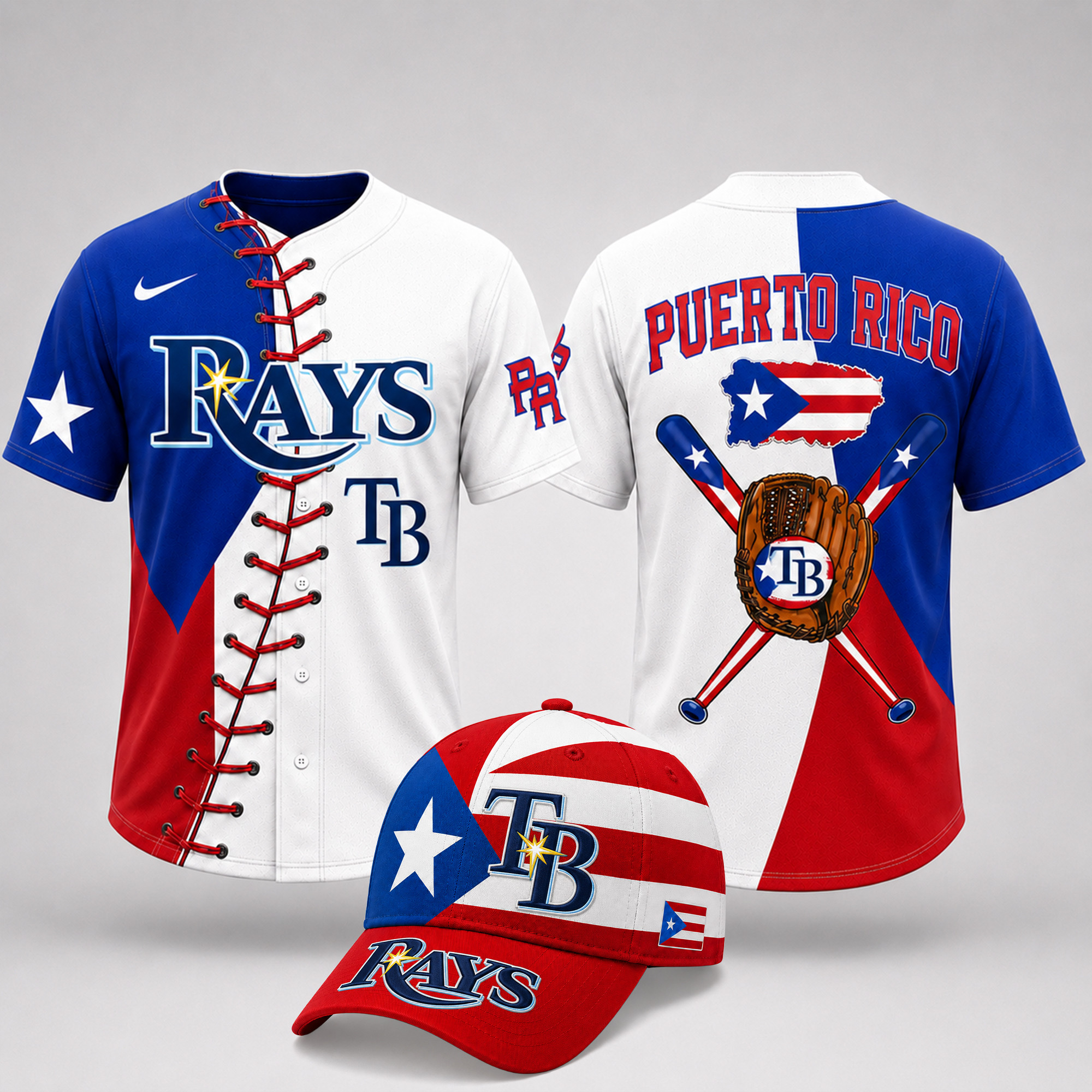 Tampa Bay Rays | Premium MLB Puerto Rico Island Pride Baseball Jersey And Cap Set