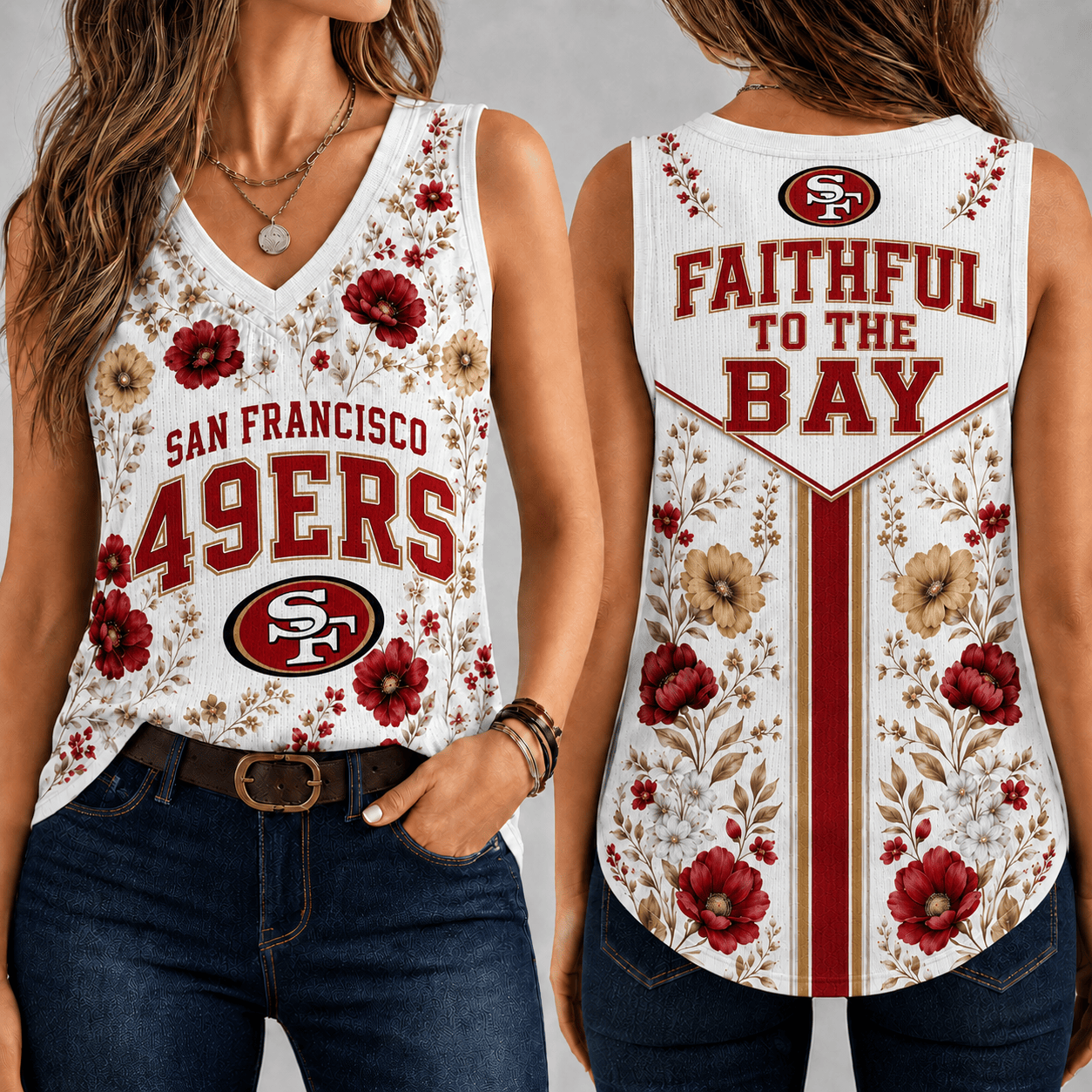 San Francisco 49ers | Premium NFL Floral Vintage Game Day Women’s V-Neck Tank Top TD