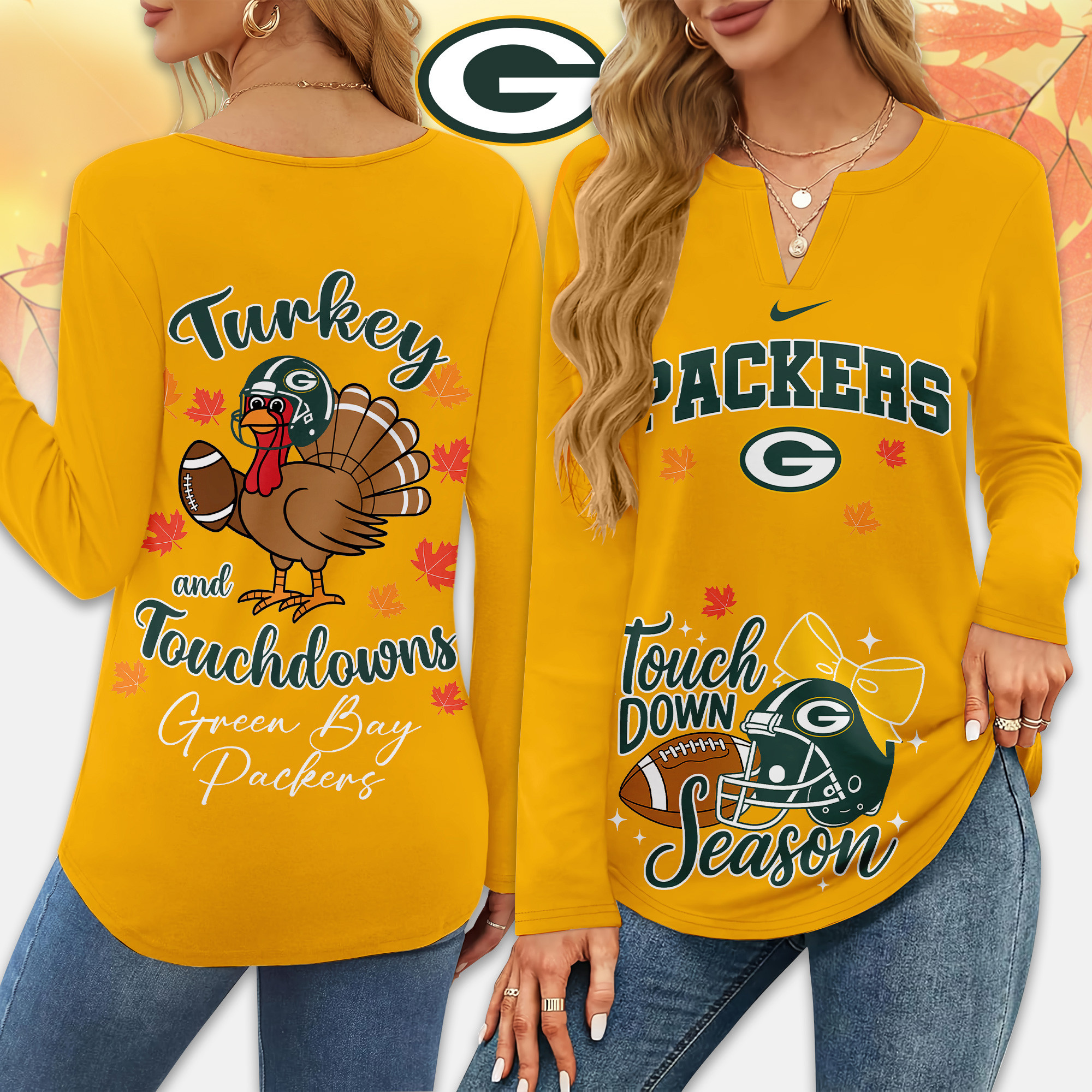 Green Bay Packers | Premium NFL Turkey and Touchdowns V-neck Long Sleeve Shirt TD