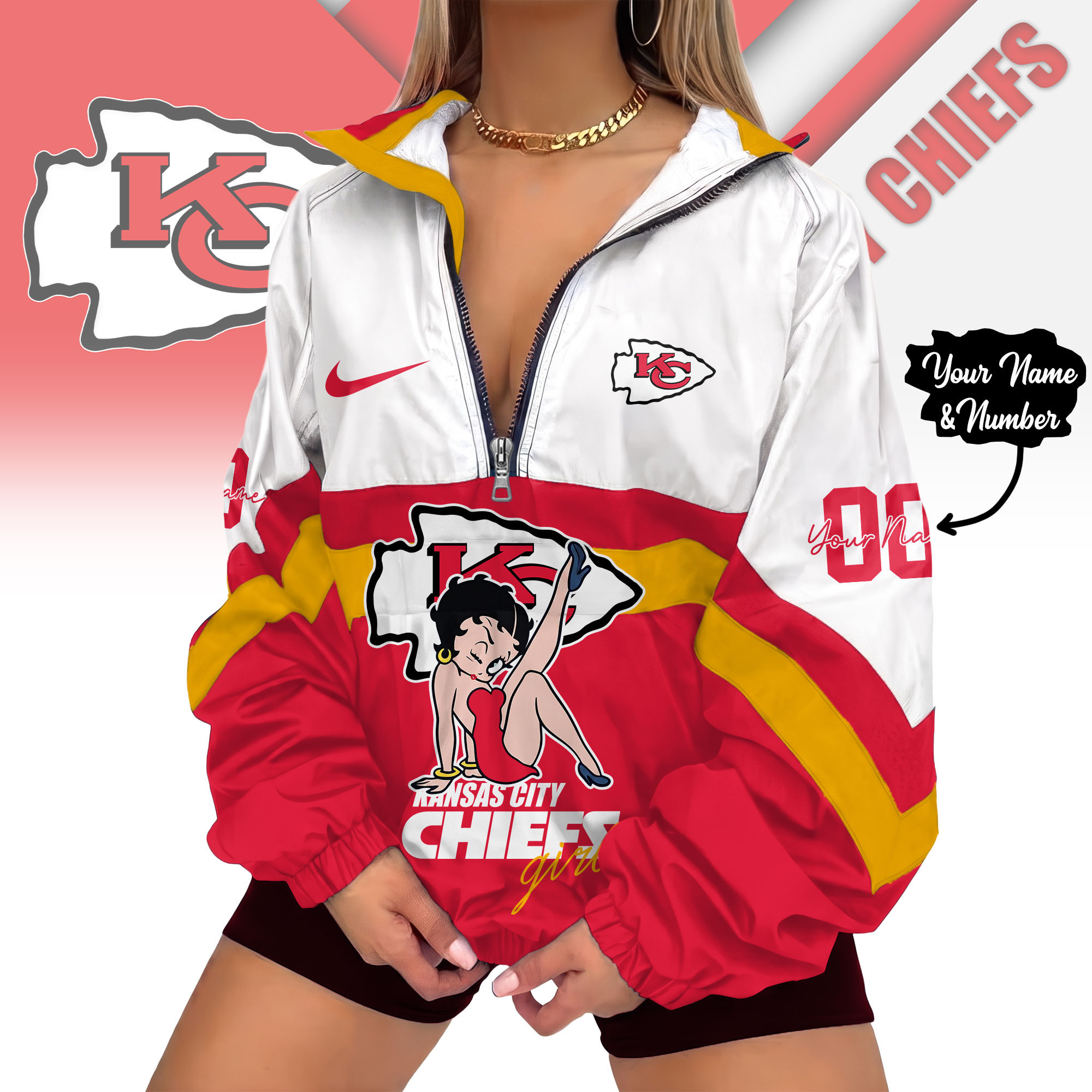 Kansas City Chiefs | Premium NFL Custom Game Day Girl Windbreaker V-Neck Zipper Sweatshirt Jackets NTH1