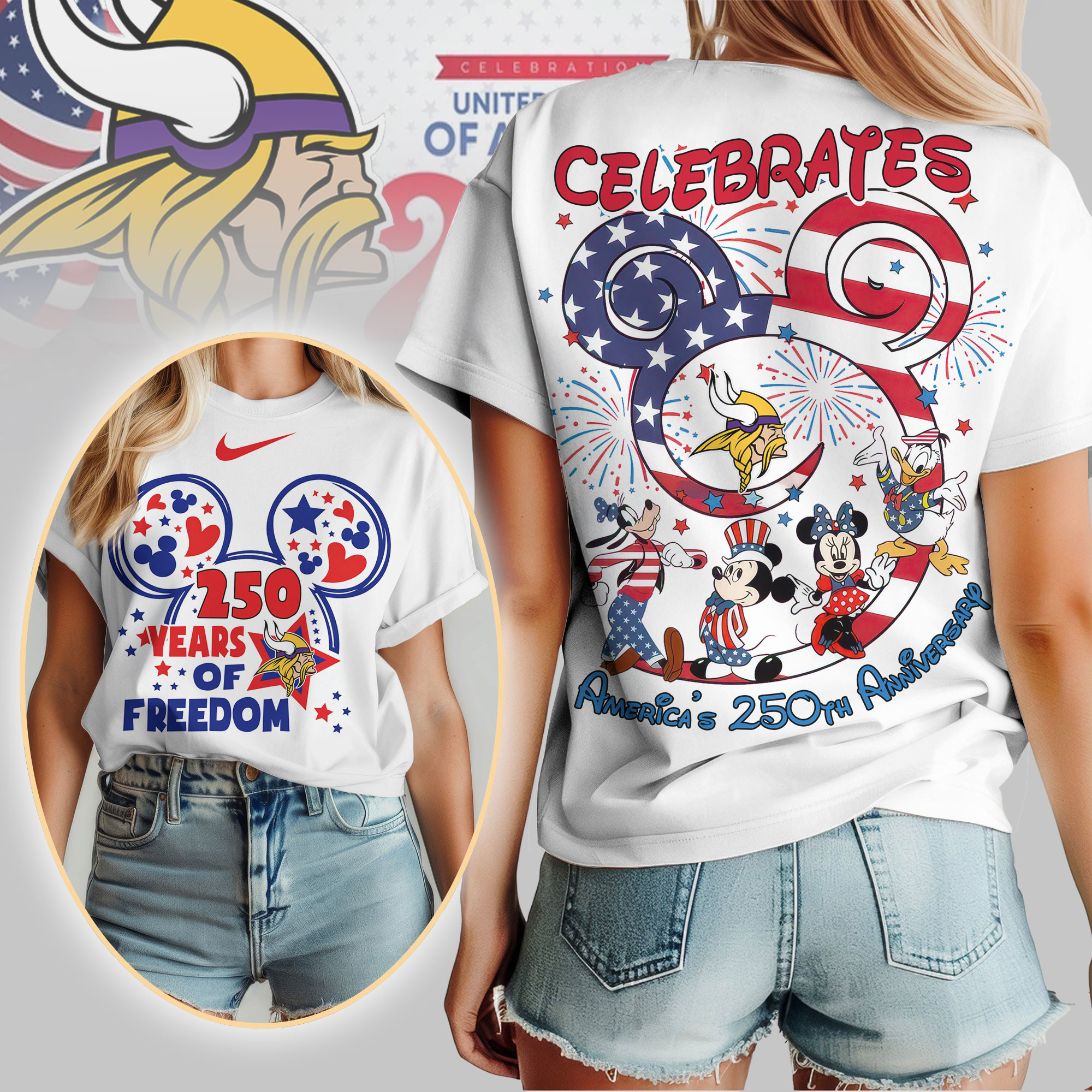 Minnesota Vikings | Premium NFL Mickey Celebrates America 250th Anniversary Women Shirt TD