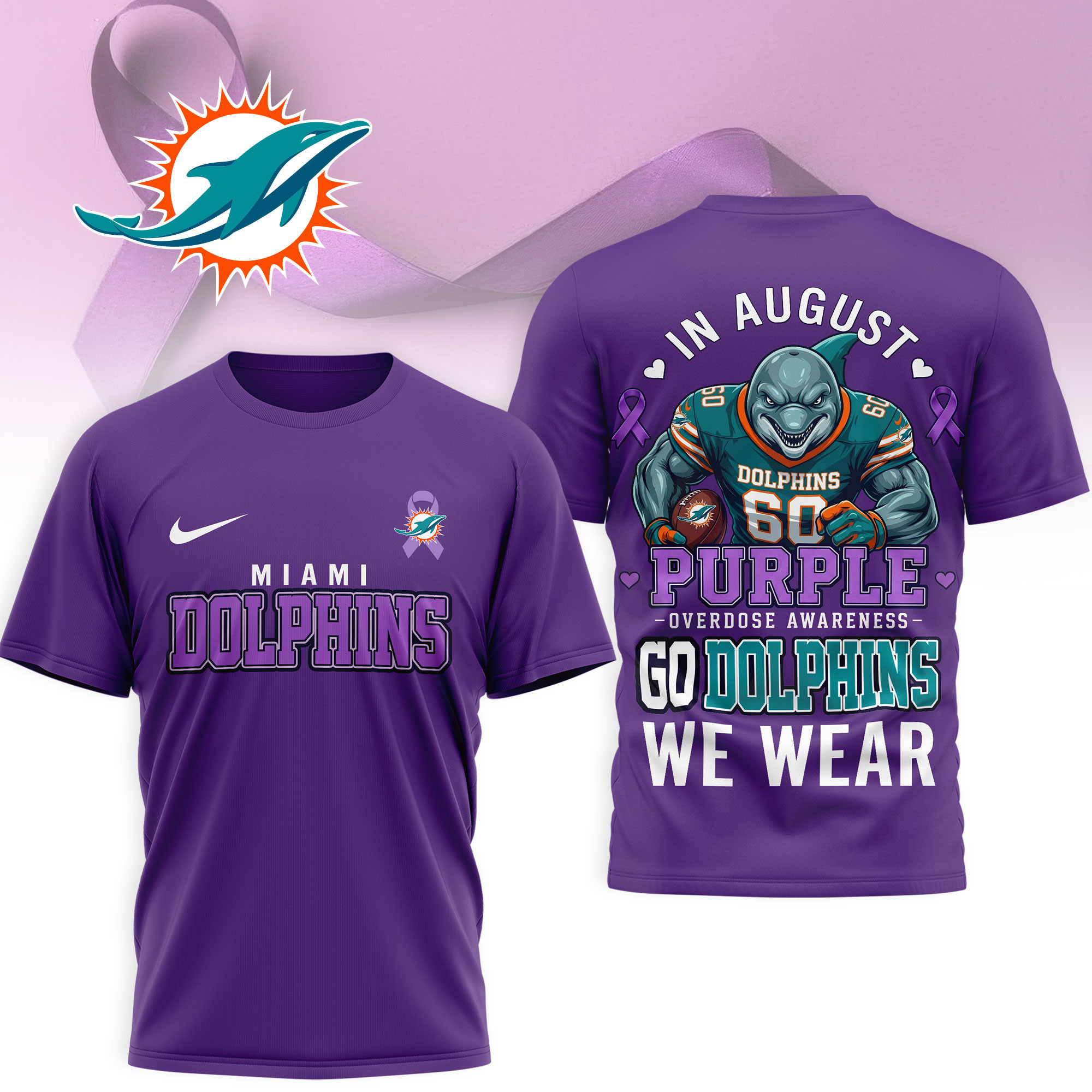 Miami Dolphins | Premium NFL In August We Wear Purple Overdose Awareness 3D Shirt NY