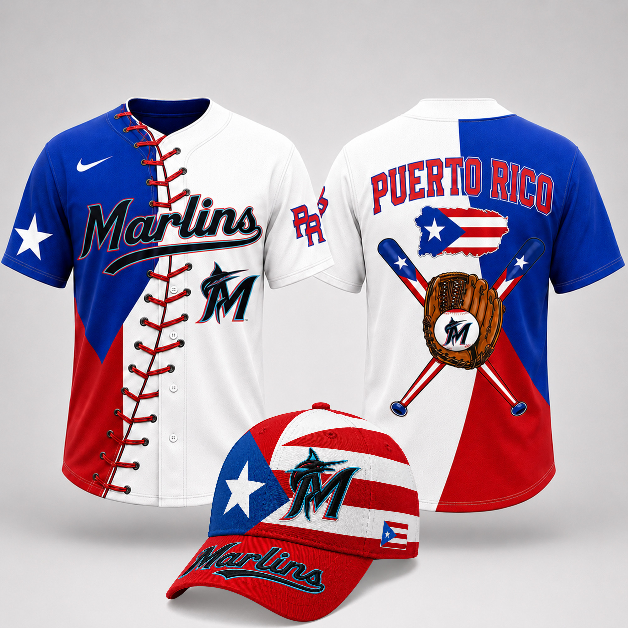 Miami Marlins | Premium MLB Puerto Rico Island Pride Baseball Jersey And Cap Set