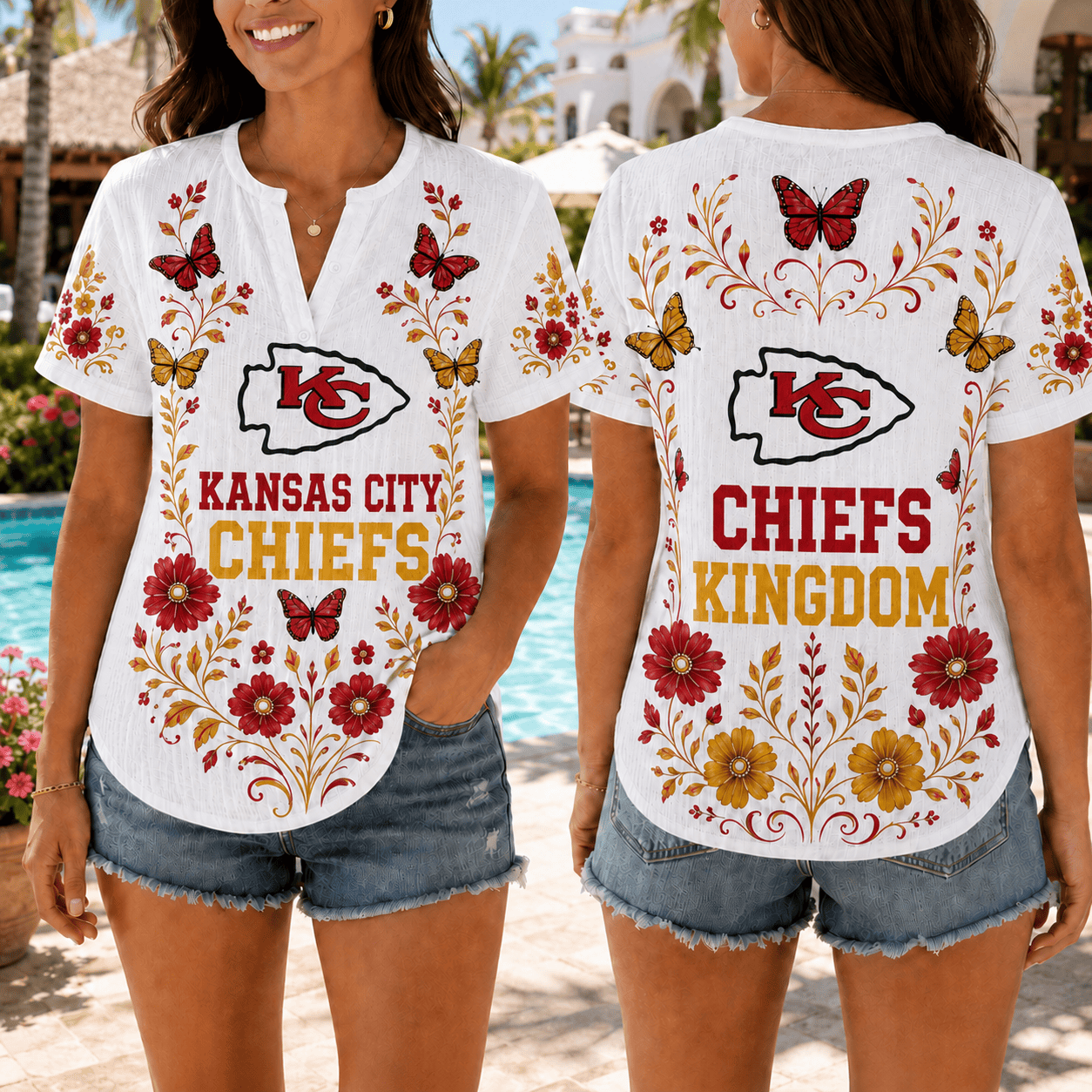 Kansas City Chiefs | Premium NFL Butterfly Game Day Women’s Summer Linen Shirt TD