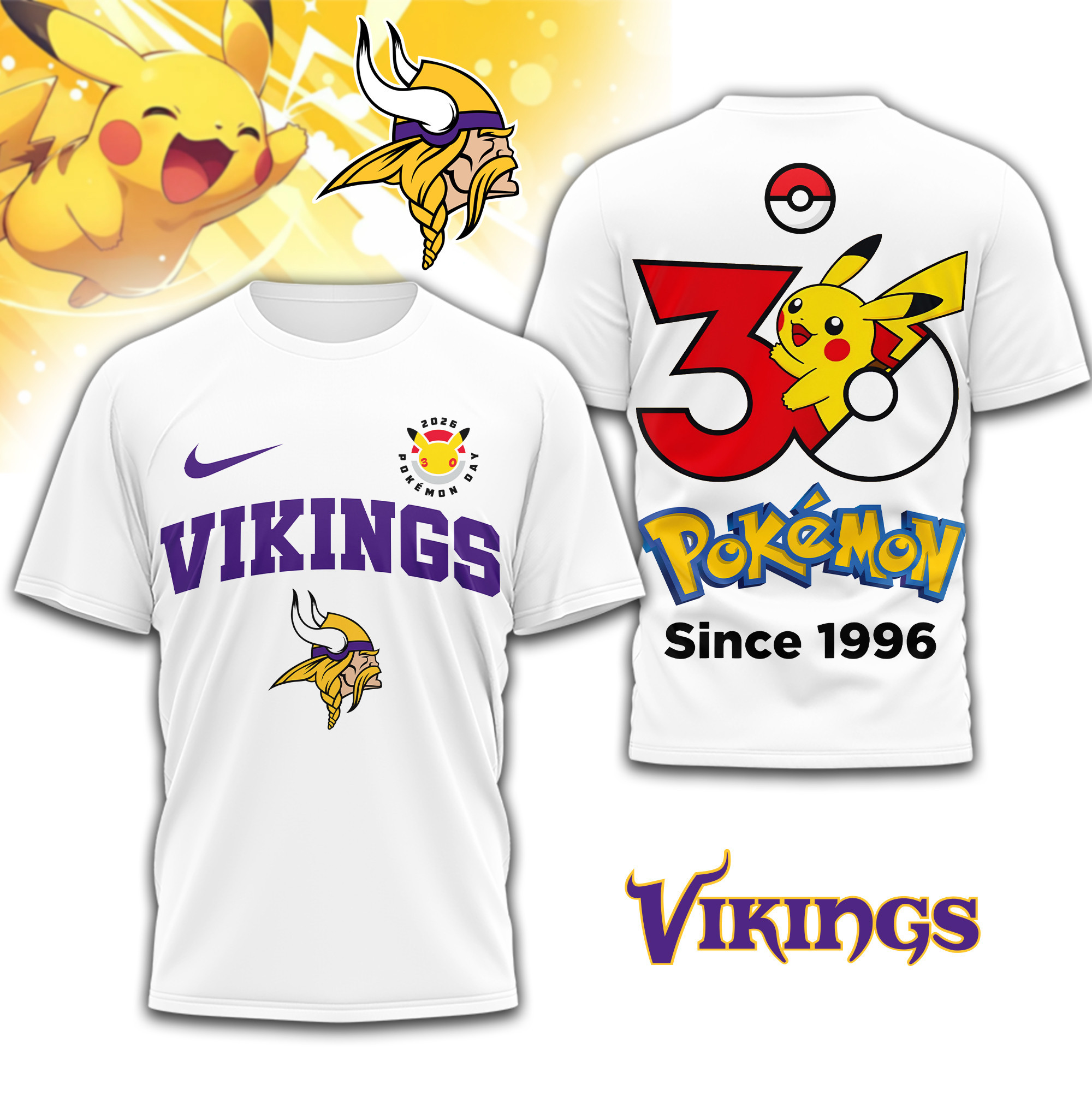 Minnesota Vikings | Premium NFL Pokemon 30th Anniversary 3D Shirt TD
