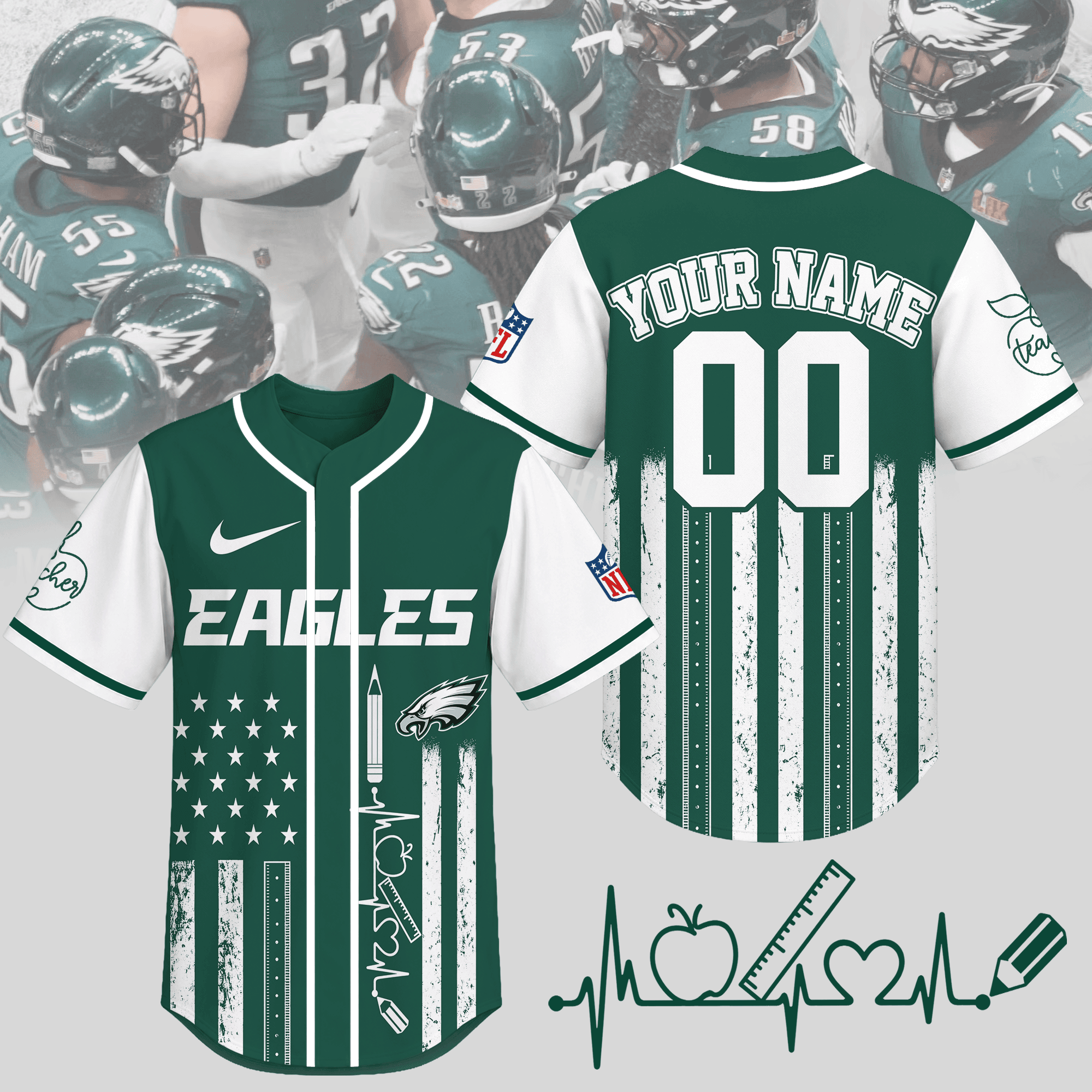 Philadelphia Eagles | Premium NFL Personalized Teacher Heartbeat Jersey NTH1