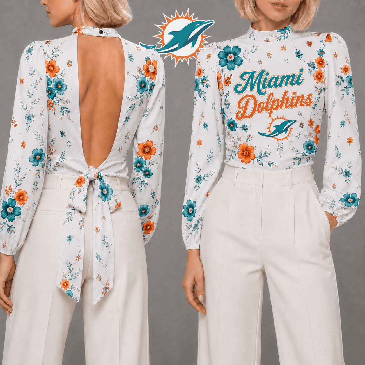 Miami Dolphins | Premium NFL Floral Backless Long Sleeve Shirt NY