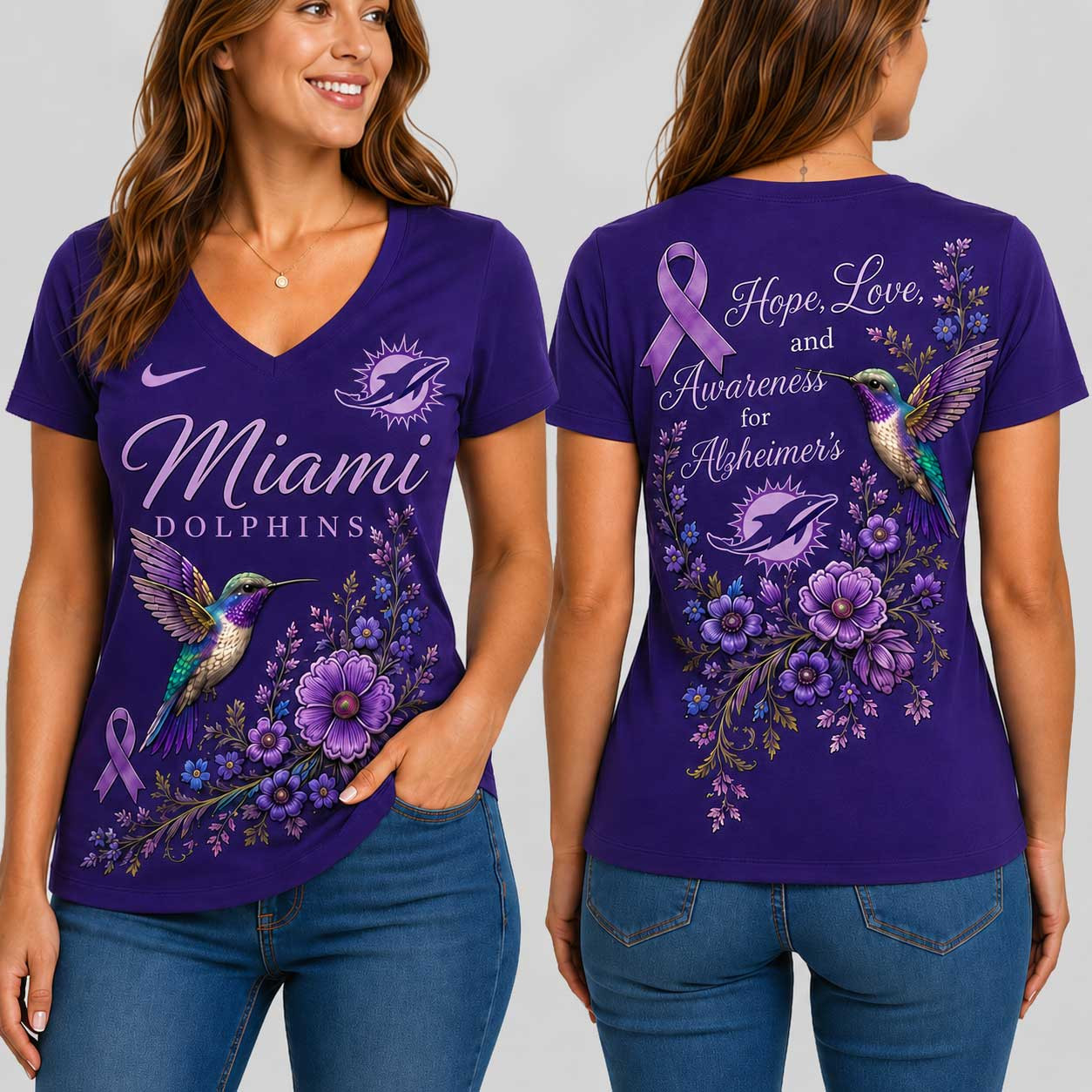 Miami Dolphins | Premium NFL Alzheimer’s Awareness Month V-neck Shirt