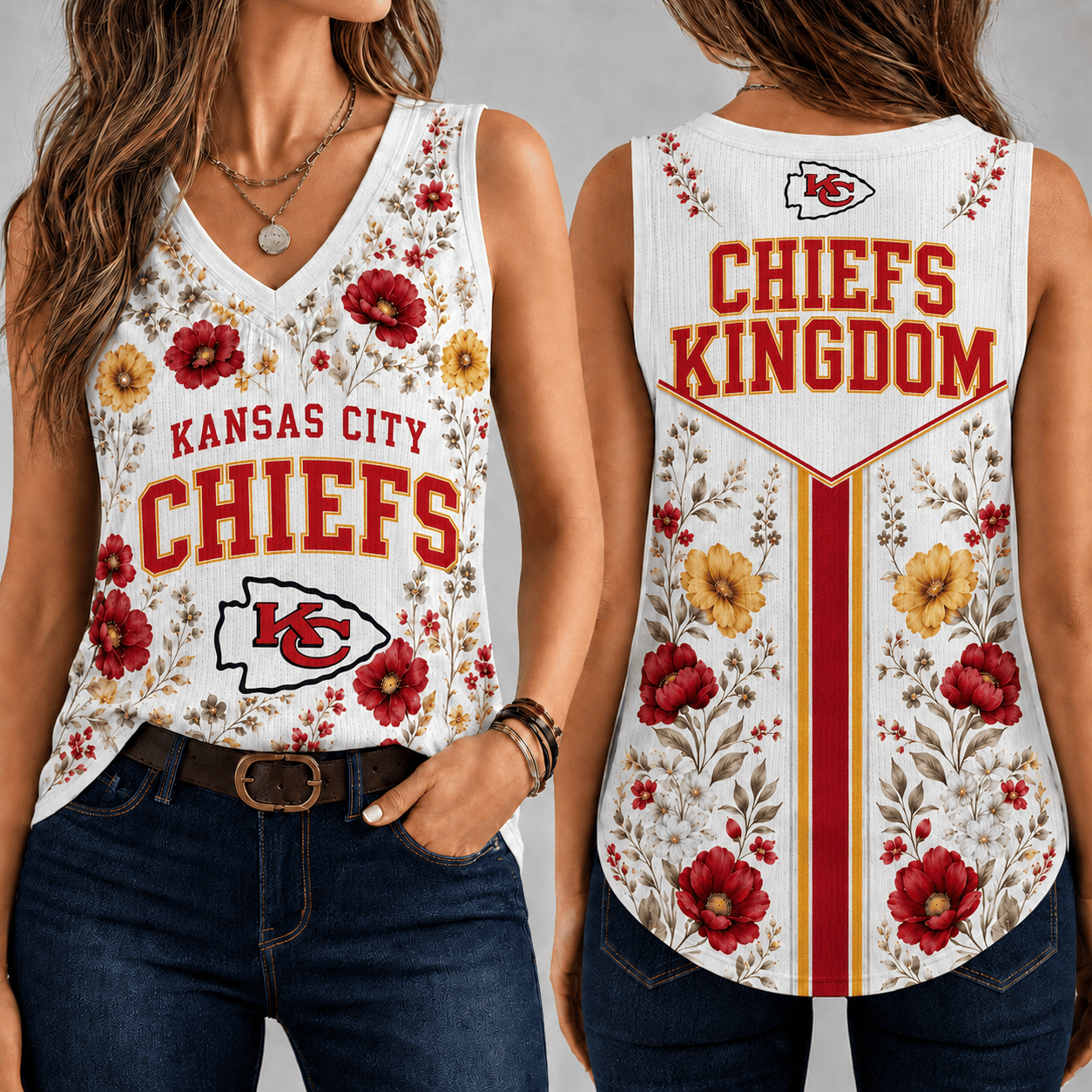 Kansas City Chiefs | Premium NFL Floral Vintage Game Day Women’s V-Neck Tank Top TD
