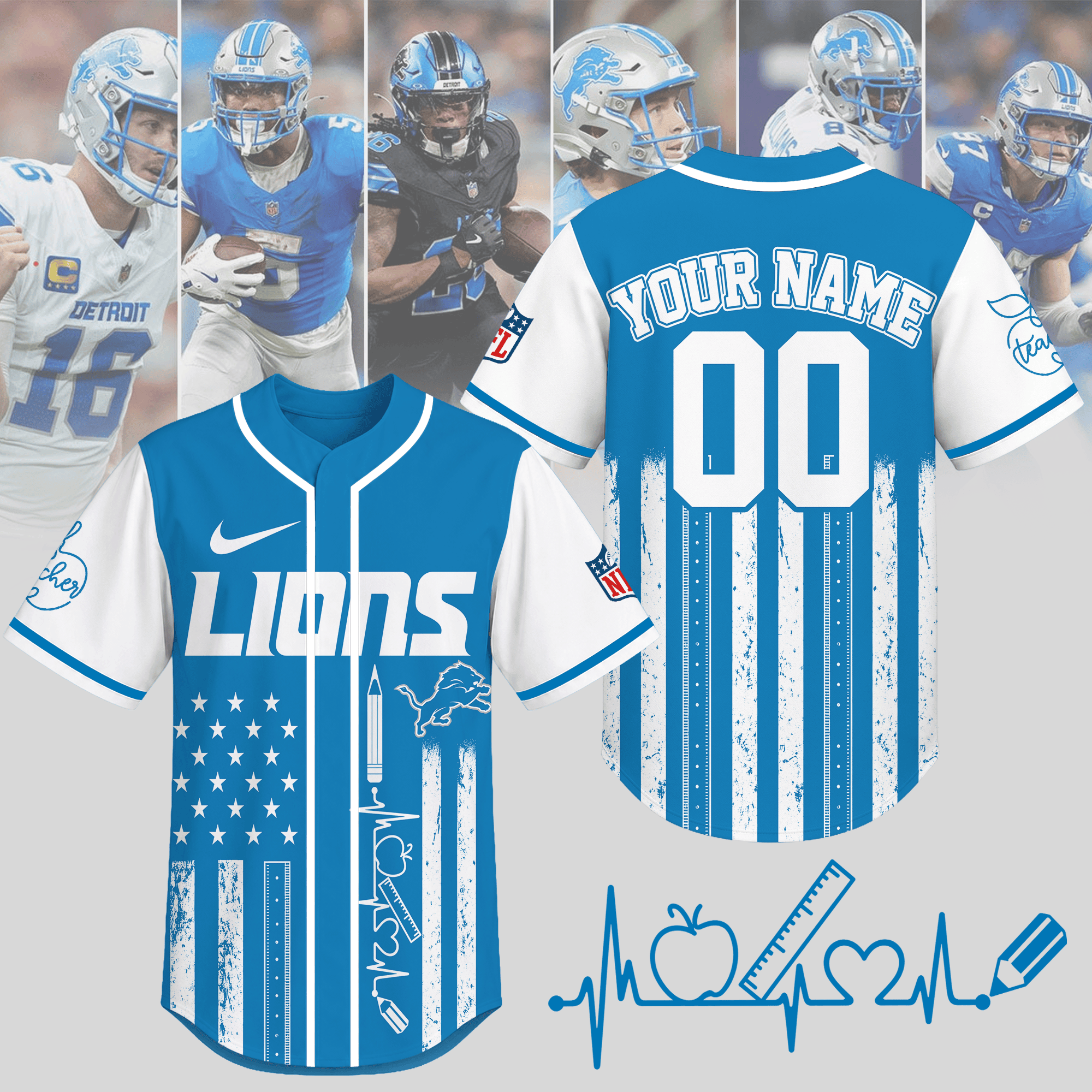 Detroit Lions | Premium NFL Personalized Teacher Heartbeat Jersey NTH1