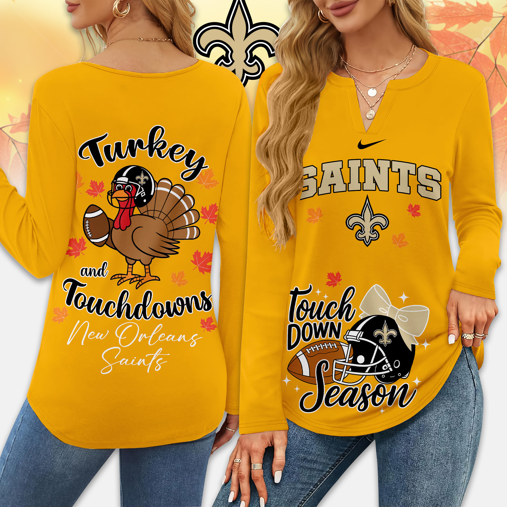 New Orleans Saints | Premium NFL Turkey and Touchdowns V-neck Long Sleeve Shirt TD