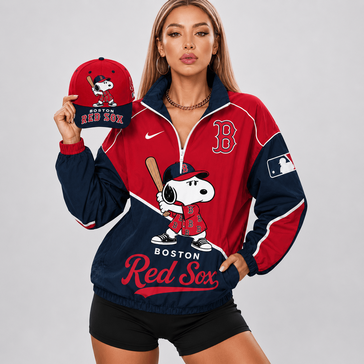 Boston Red Sox | Premium MLB Snoopy Clubhouse Swing V-neck Jacket And Cap Set