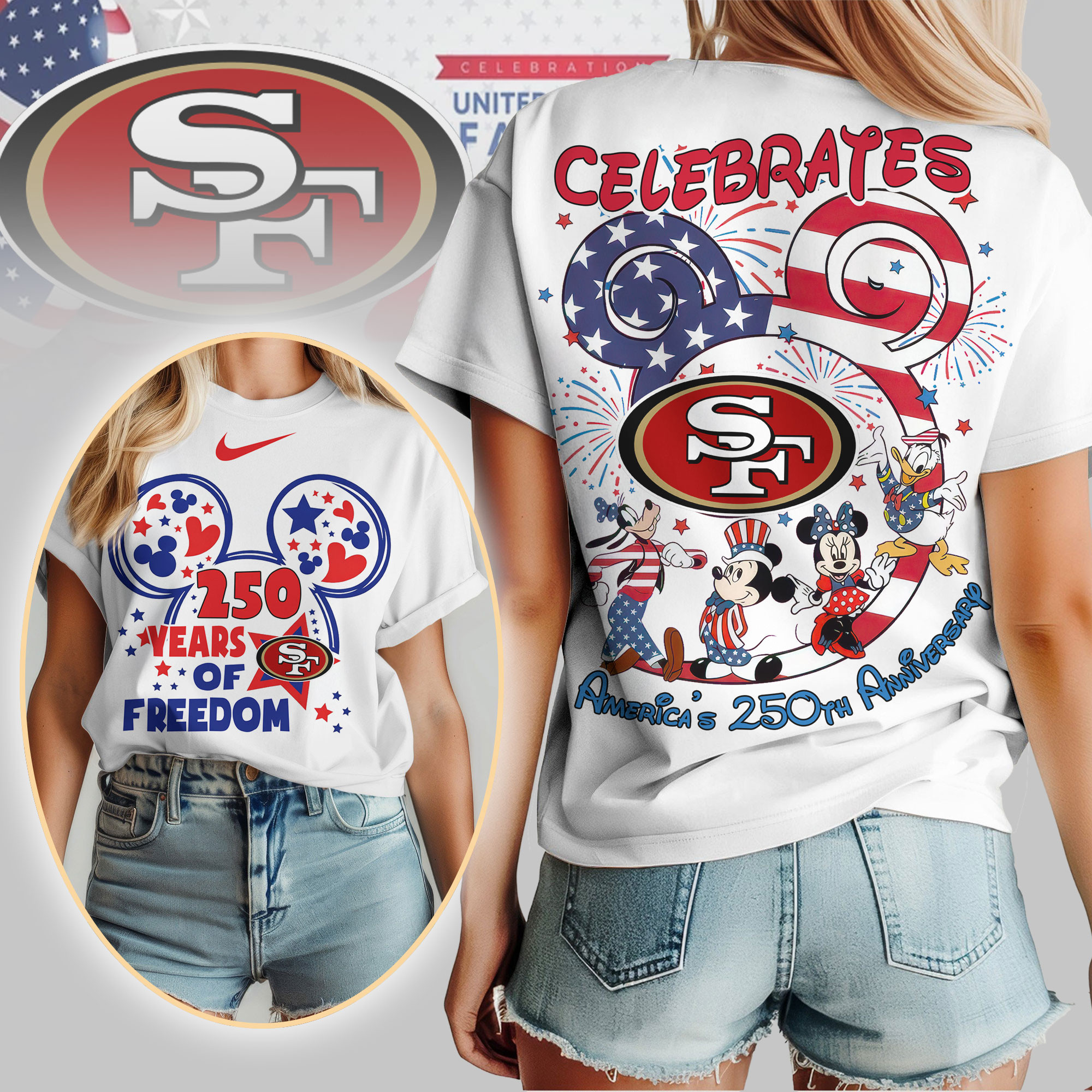 San Francisco 49ers | Premium NFL Mickey Celebrates America 250th Anniversary Women Shirt TD