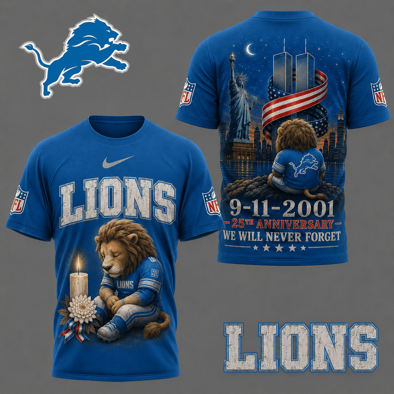 Detroit Lions| Premium NFL 9/11 25th Anniversary Never Forget Memorial 3D Shirt NY