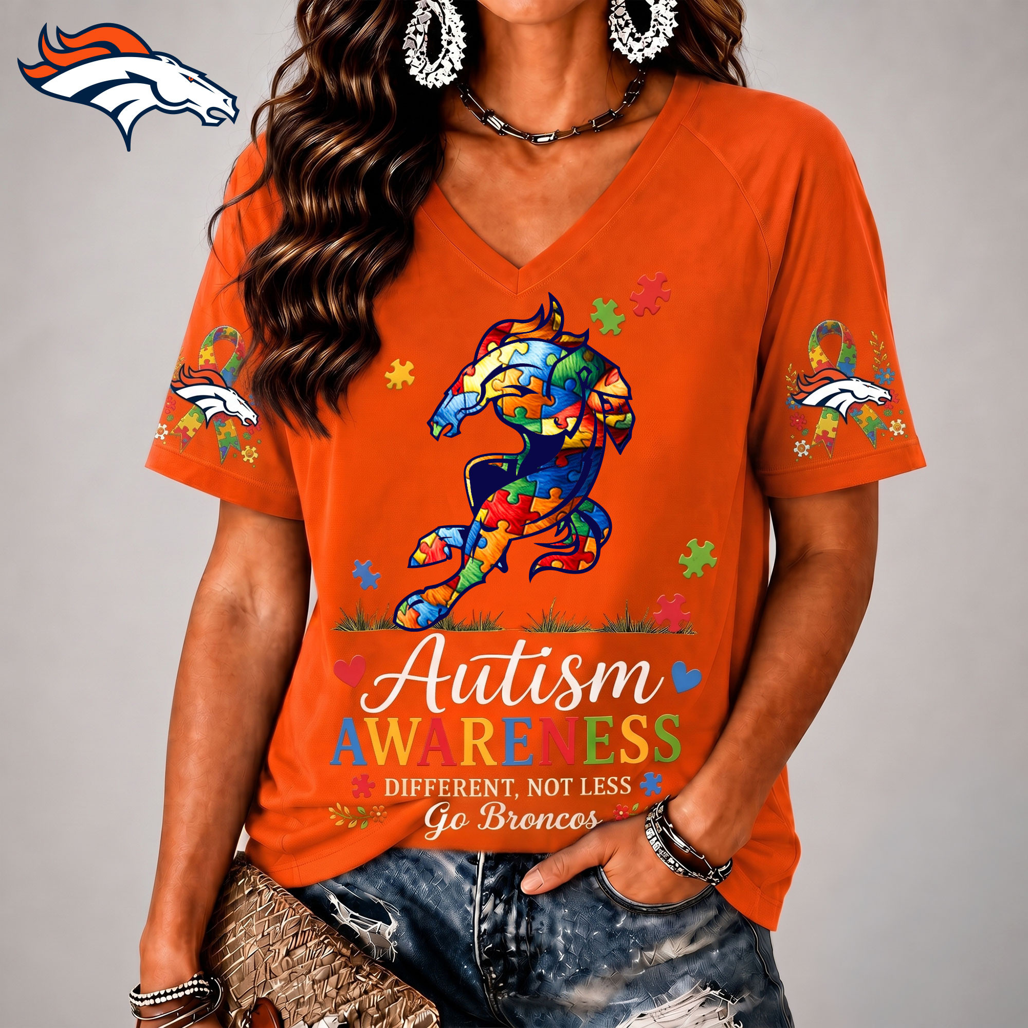 Denver Broncos| Premium NFL Different, Not Less Autism Awareness V-neck Shirt NY