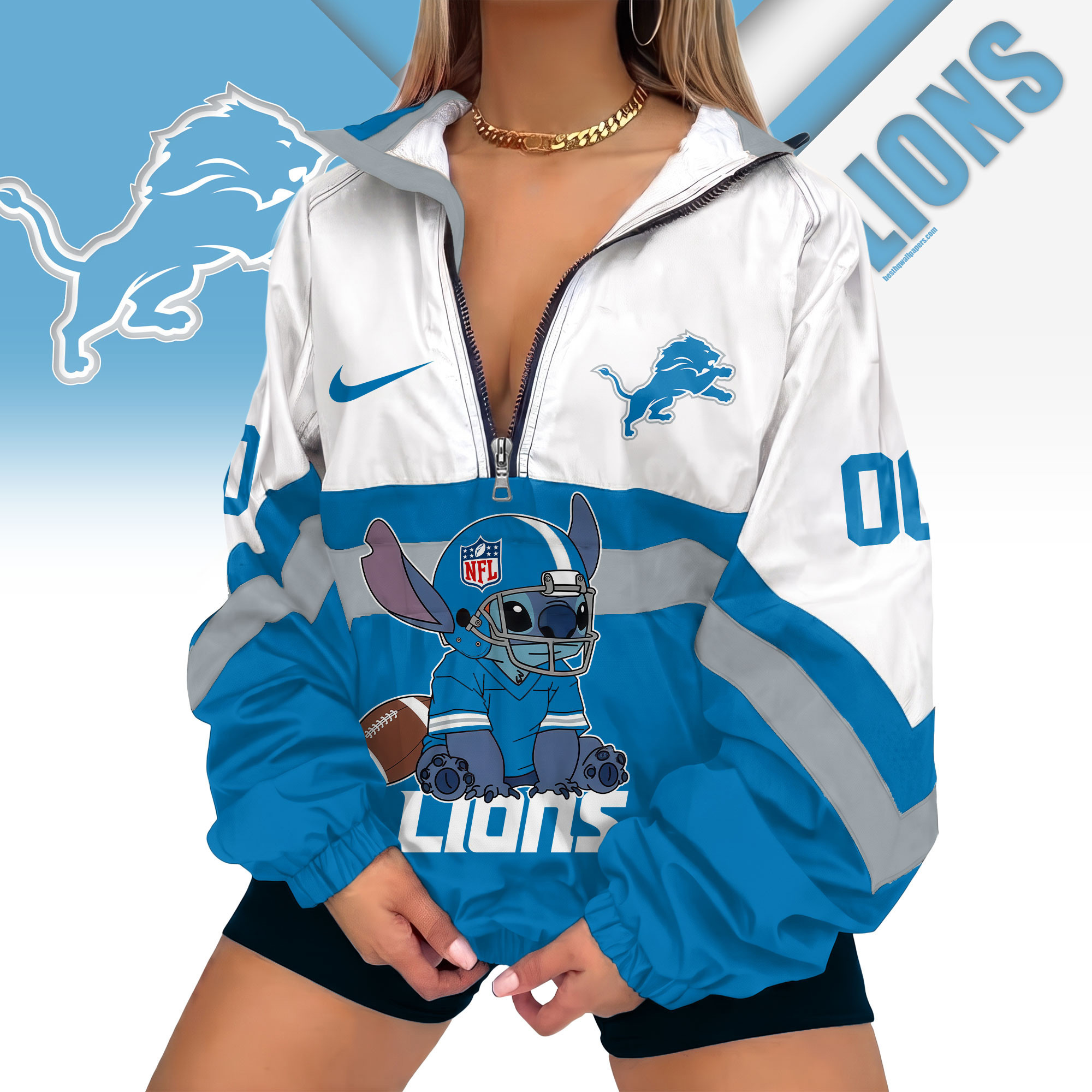 Detroit Lions | Premium NFL Cute Team Windbreaker V-Neck Zipper Sweatshirt Jackets NTH1