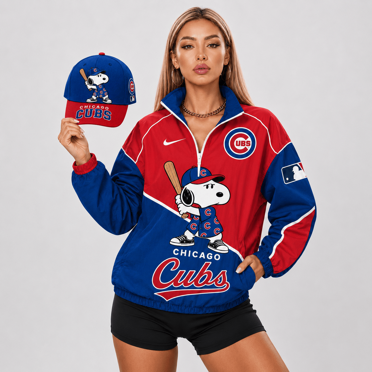 Chicago Cubs | Premium MLB Snoopy Clubhouse Swing V-neck Jacket And Cap Set