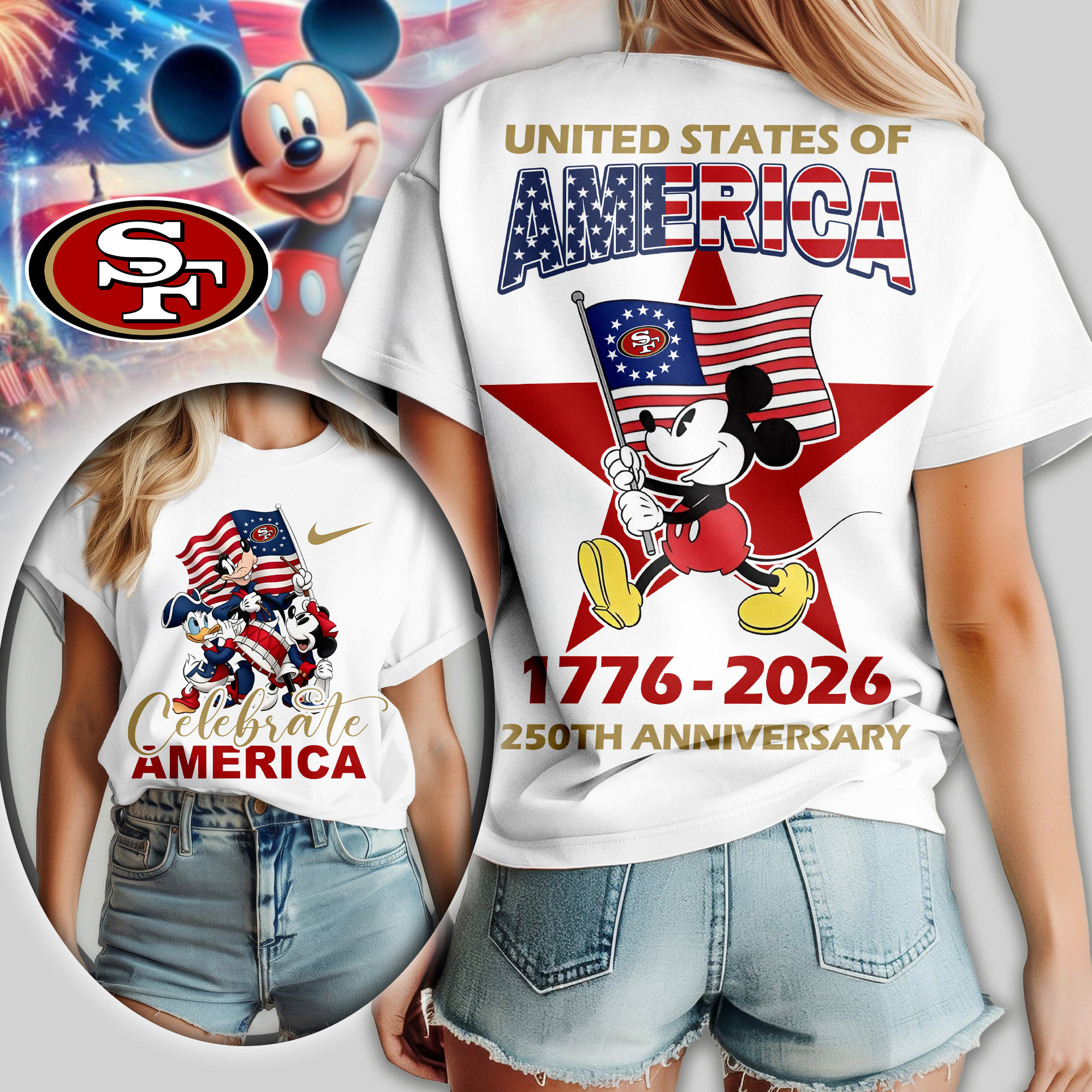 San Francisco 49ers | Premium NFL Mickey Celebrate America Women Shirt TD