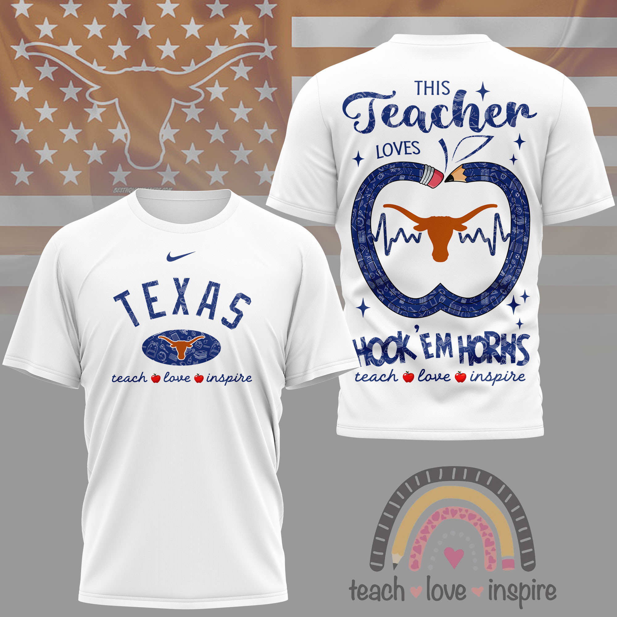 Texas Longhorns | Premium NCAA Teacher Love Inspire 3D T-Shirt NY