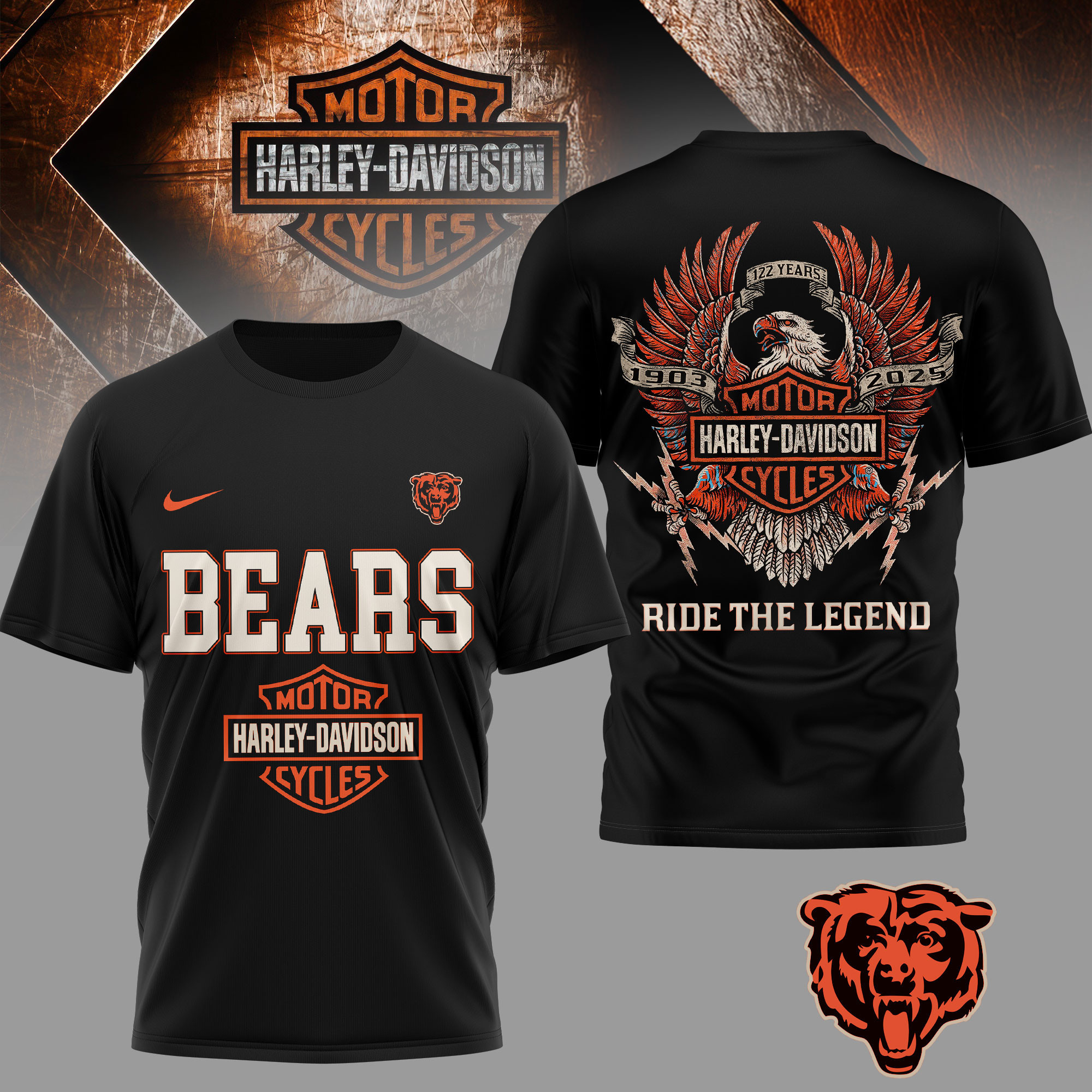Chicago Bears | Premium NFL 122 Year Harley Davidson 3D Shirt TD