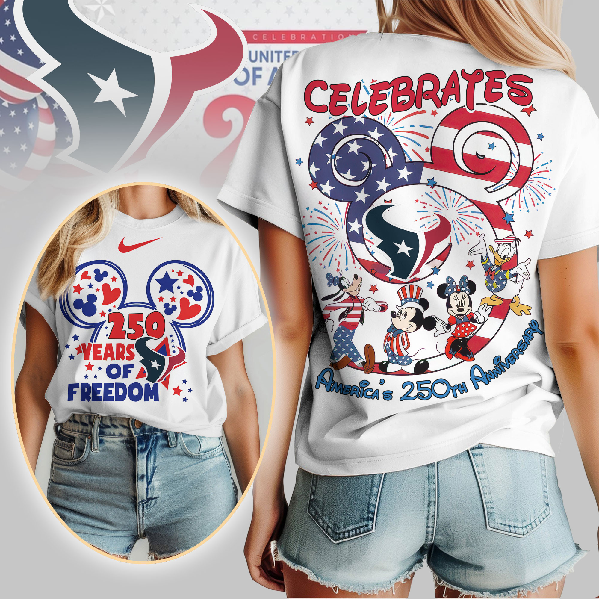 Houston Texans | Premium NFL Mickey Celebrates America 250th Anniversary Women Shirt TD