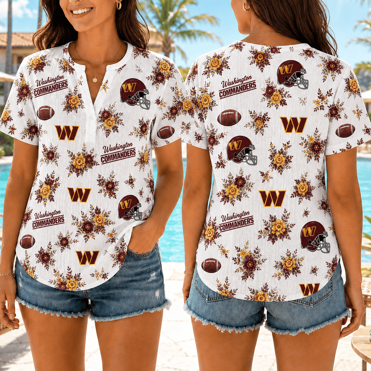 Washington Commanders | Premium NFL Floral Football Women’s Summer Linen Shirt TD