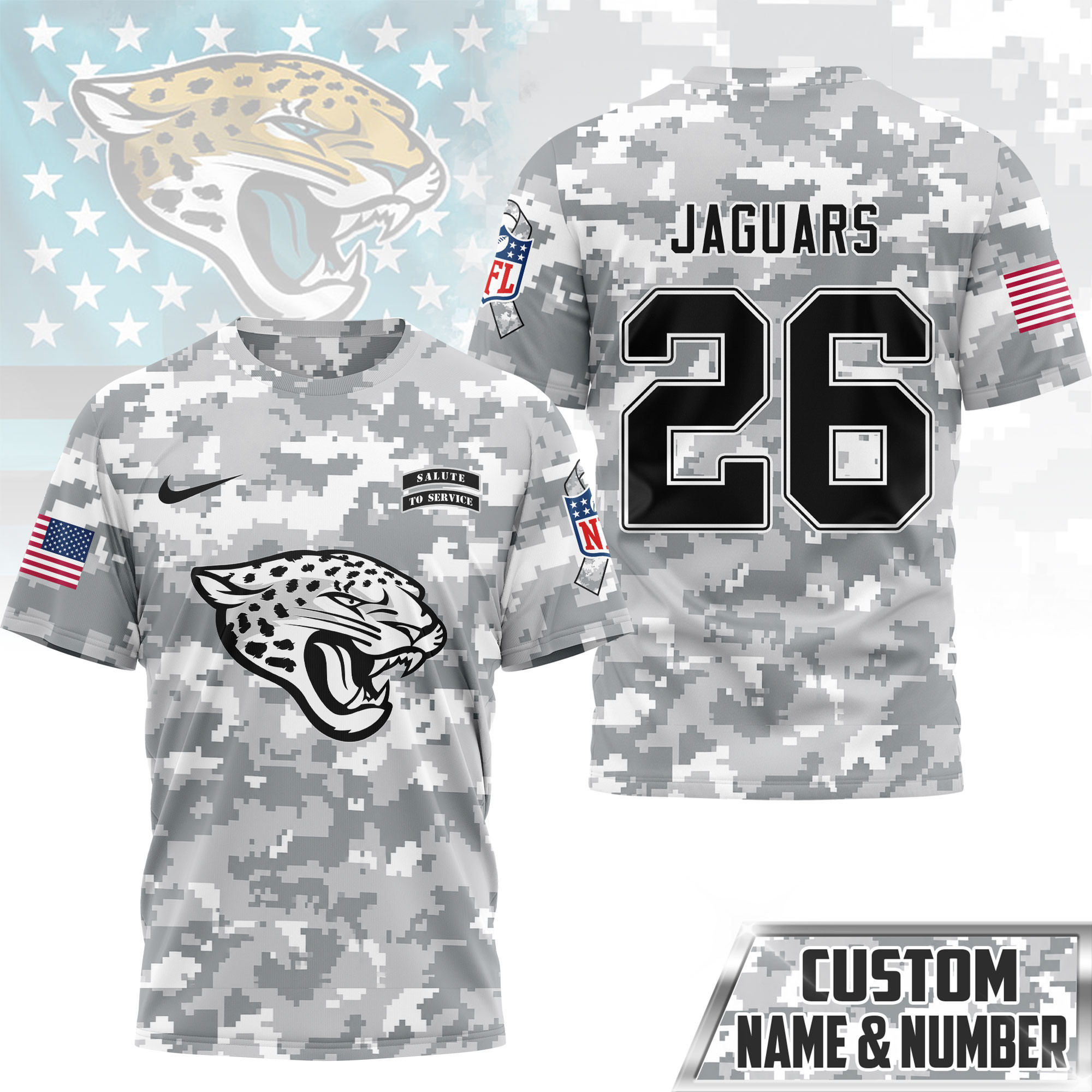 Jacksonville Jaguars | Premium NFL Salute to Service Custom Name & Number Camo 3D Shirt NY