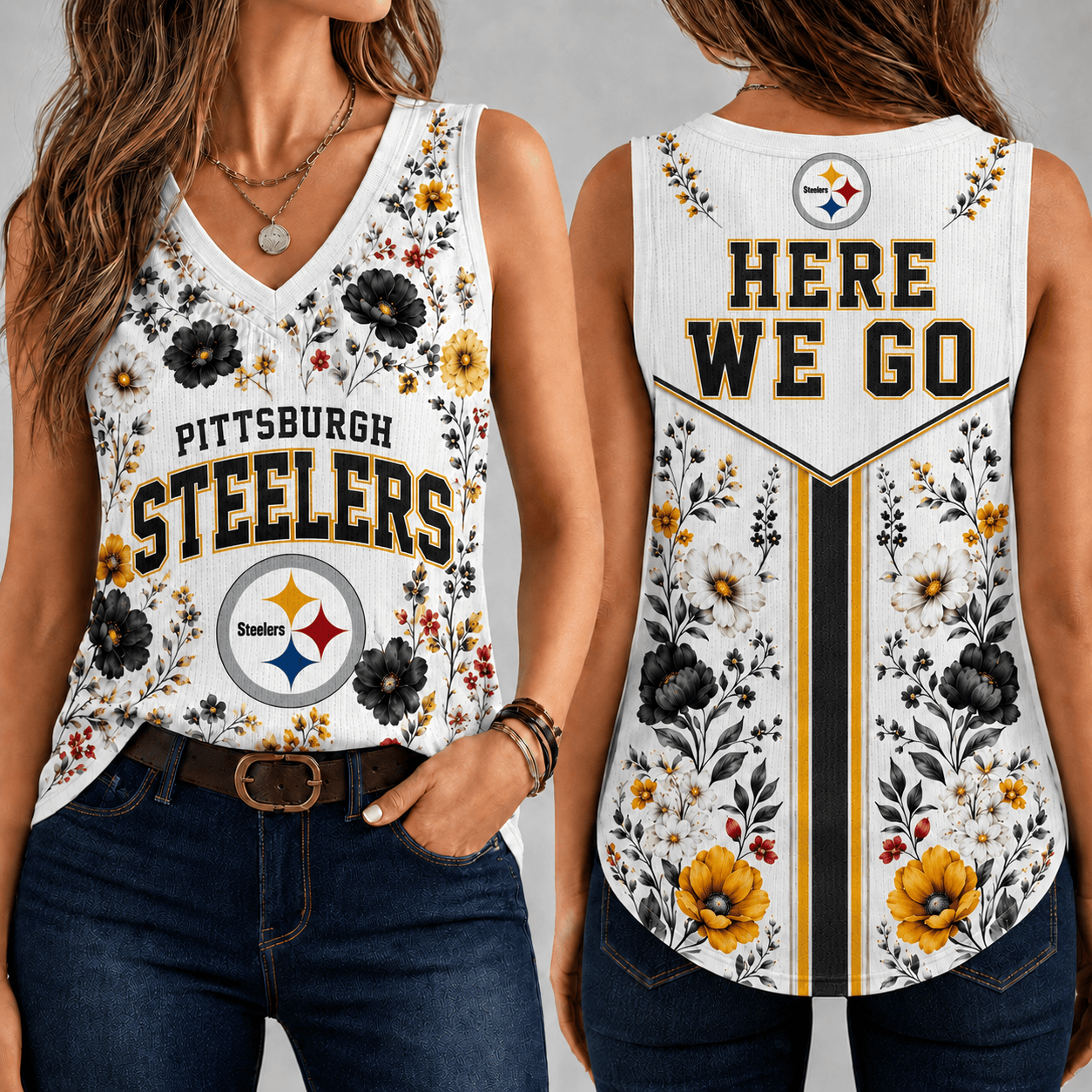Pittsburgh Steelers | Premium NFL Floral Vintage Game Day Women’s V-Neck Tank Top TD