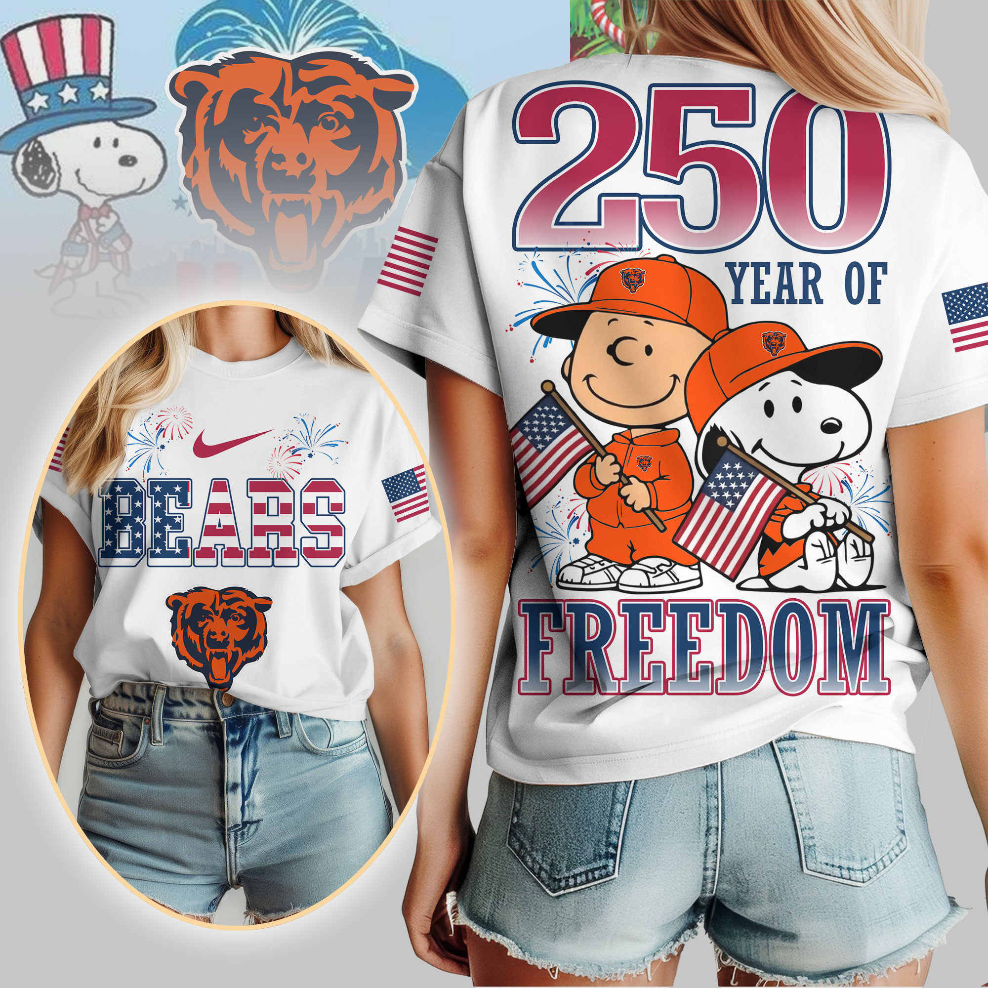 Chicago Bears | Premium NFL Peanuts 250 Years Of Freedom 3D Shirt NP