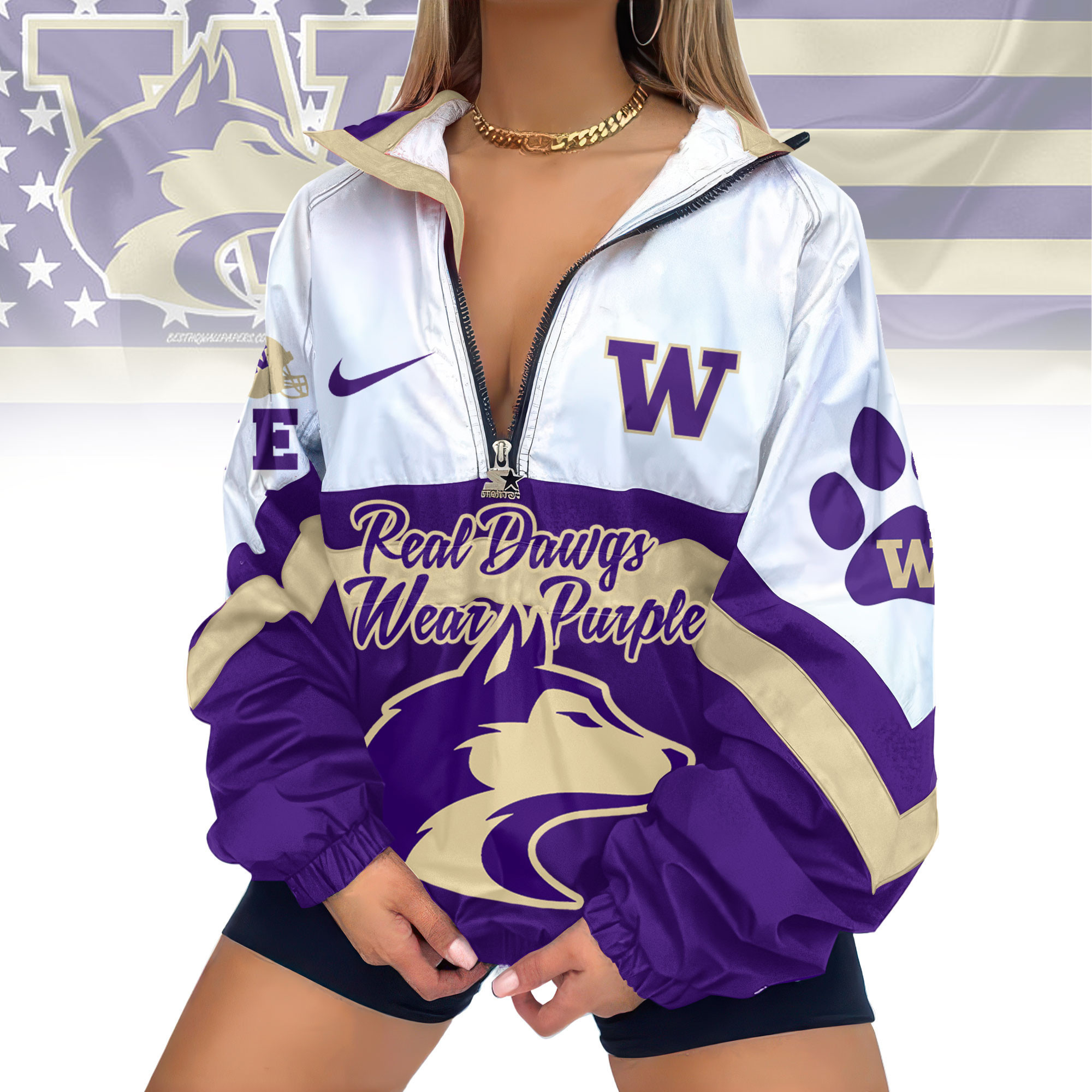 Washington Huskies | Premium Women's Printed V-Neck Zipper Sweatshirt Jackets TD